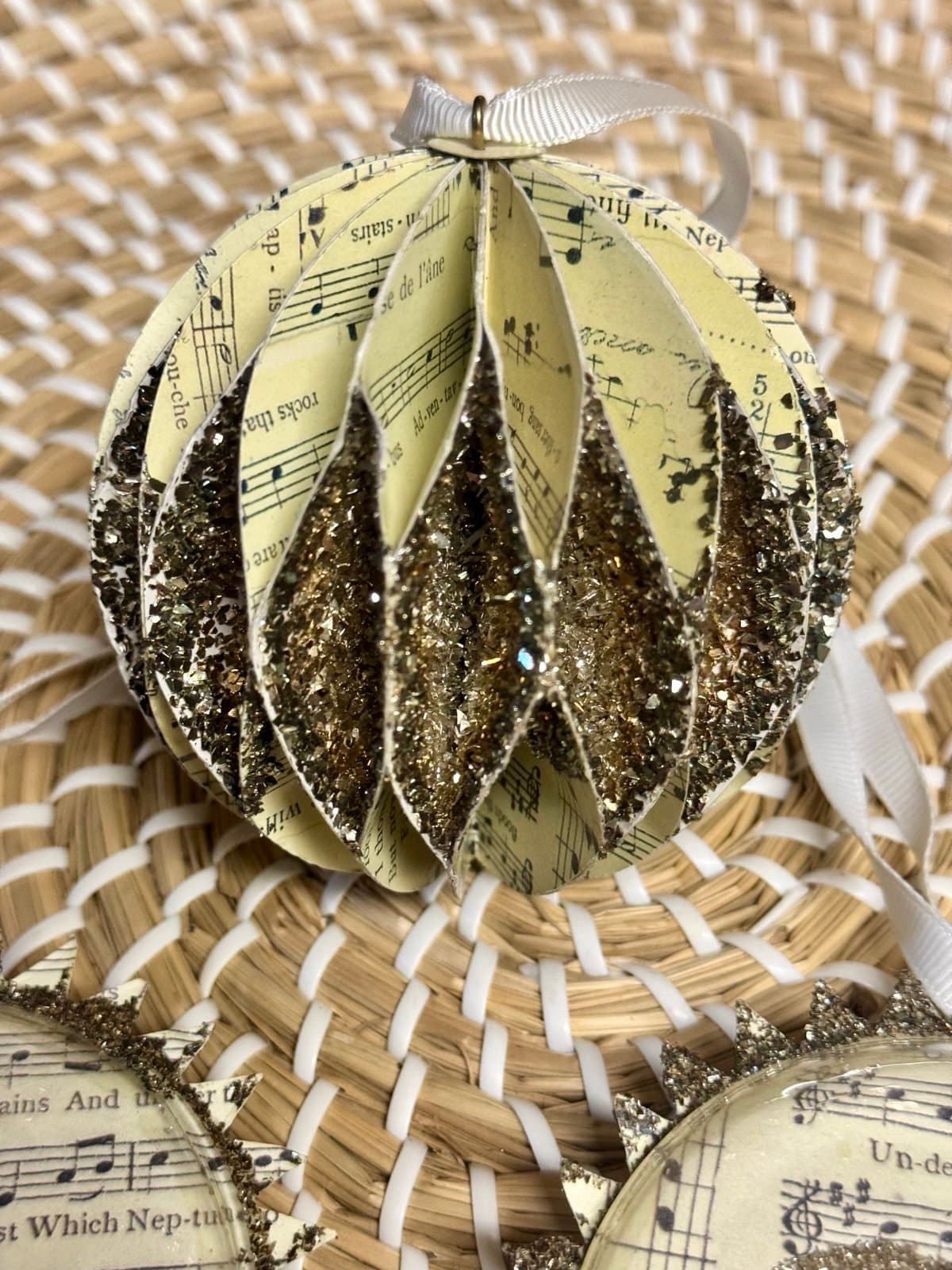 Pottery Barn 3 Pc Music Notes German Glitter Glass Domed Christmas Ornaments - Thumbnail 2