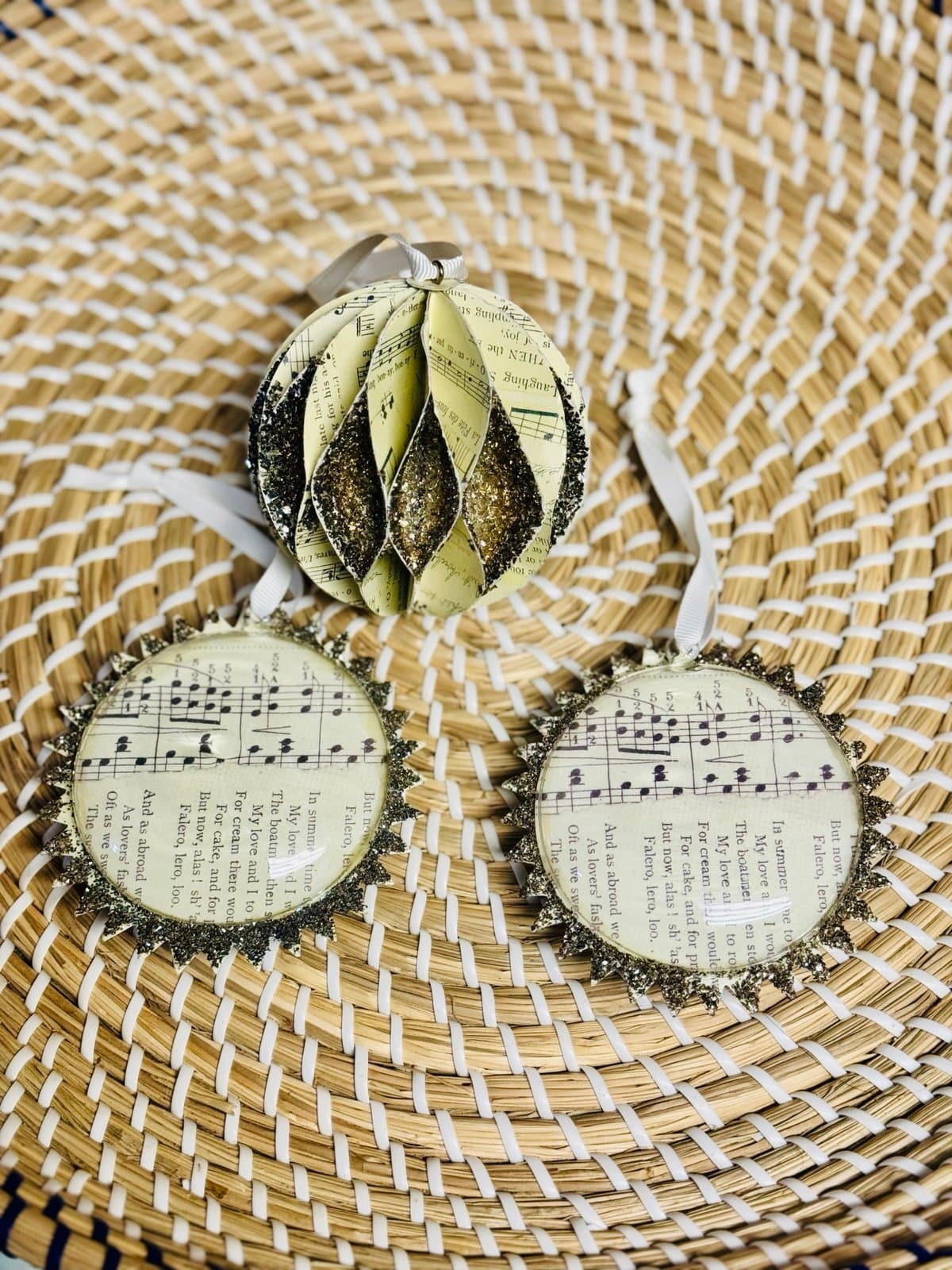 Pottery Barn 3 Pc Music Notes German Glitter Glass Domed Christmas Ornaments - Thumbnail 3