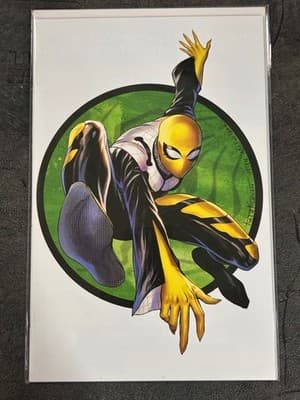 Comic Art Print Superhero Yellow Mask Dynamic Pose Green Circle Art Print Loose - Image 1