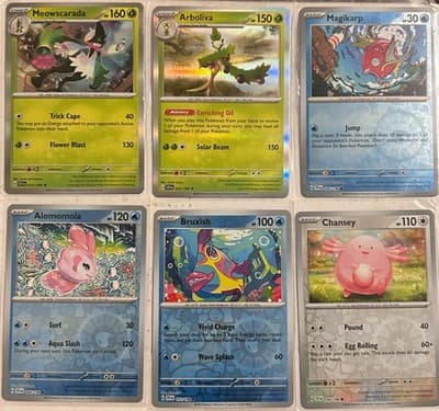 Pokemon Meowscarada Arboliva Magikarp Alomomola Bruxish Chansey Holos 6-Card Lot - Image 1