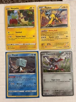 Pokemon Trading Card Lot (4) Morpeko Raikou Eiscue Pawniard Mixed Cosmic Holos - Image 1