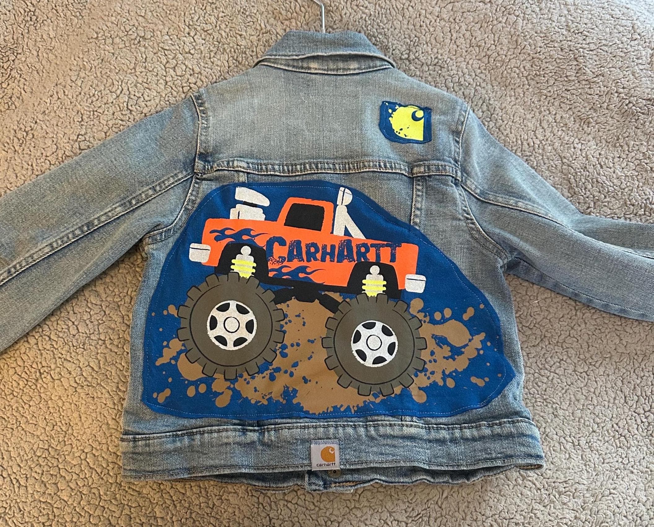 Upcycled Kids Carhartt Denim Jacket 5T | Monster Truck Jacket | Boys Denim Jacket | Custom Kids Clothing | One of a Kind Toddler Jacket - Image 1