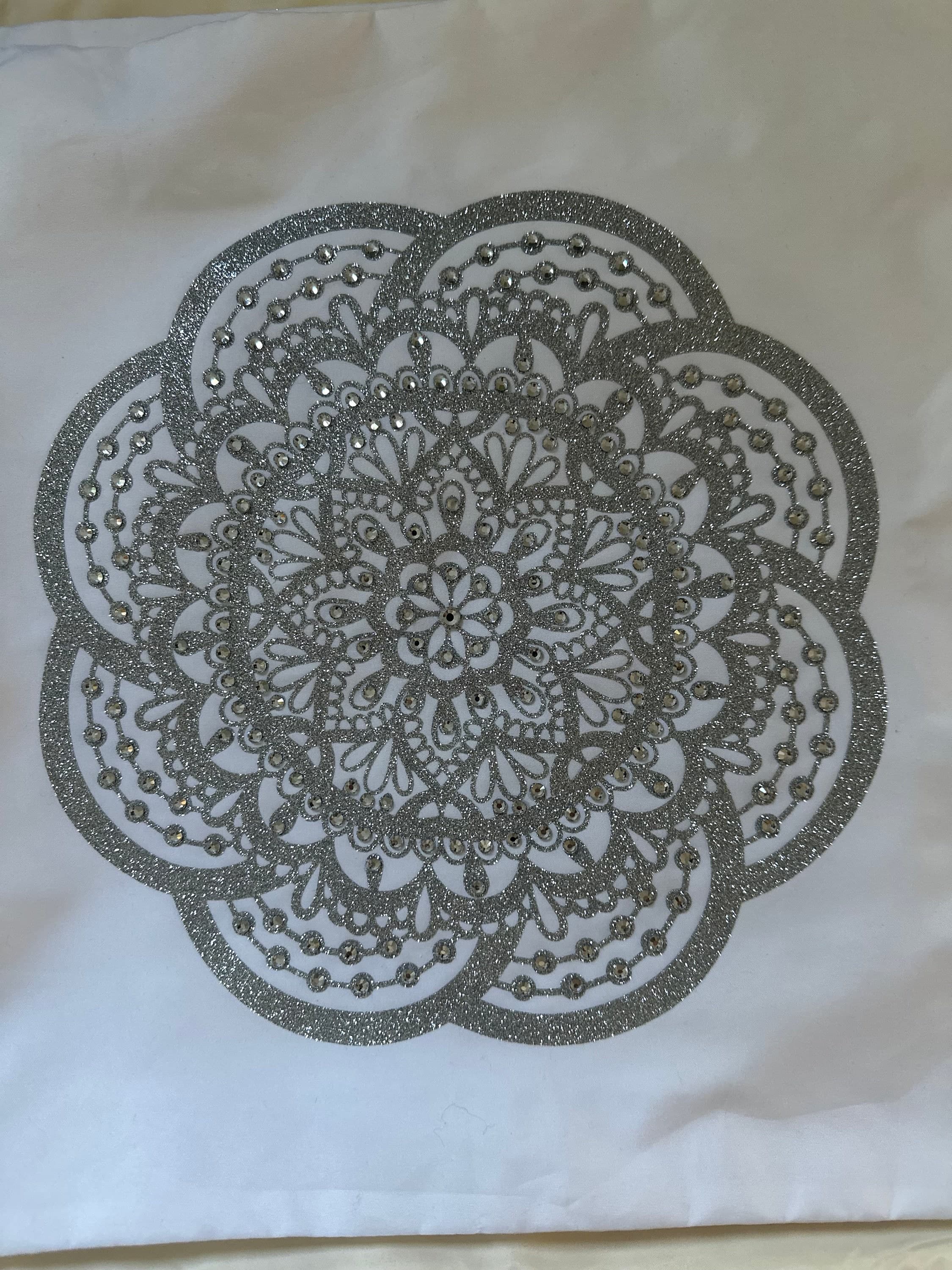 Silver Glitter Mandala Rhinestone Throw Pillow Cover - 15"x15" One-of-a-Kind Home Decor - Image 1