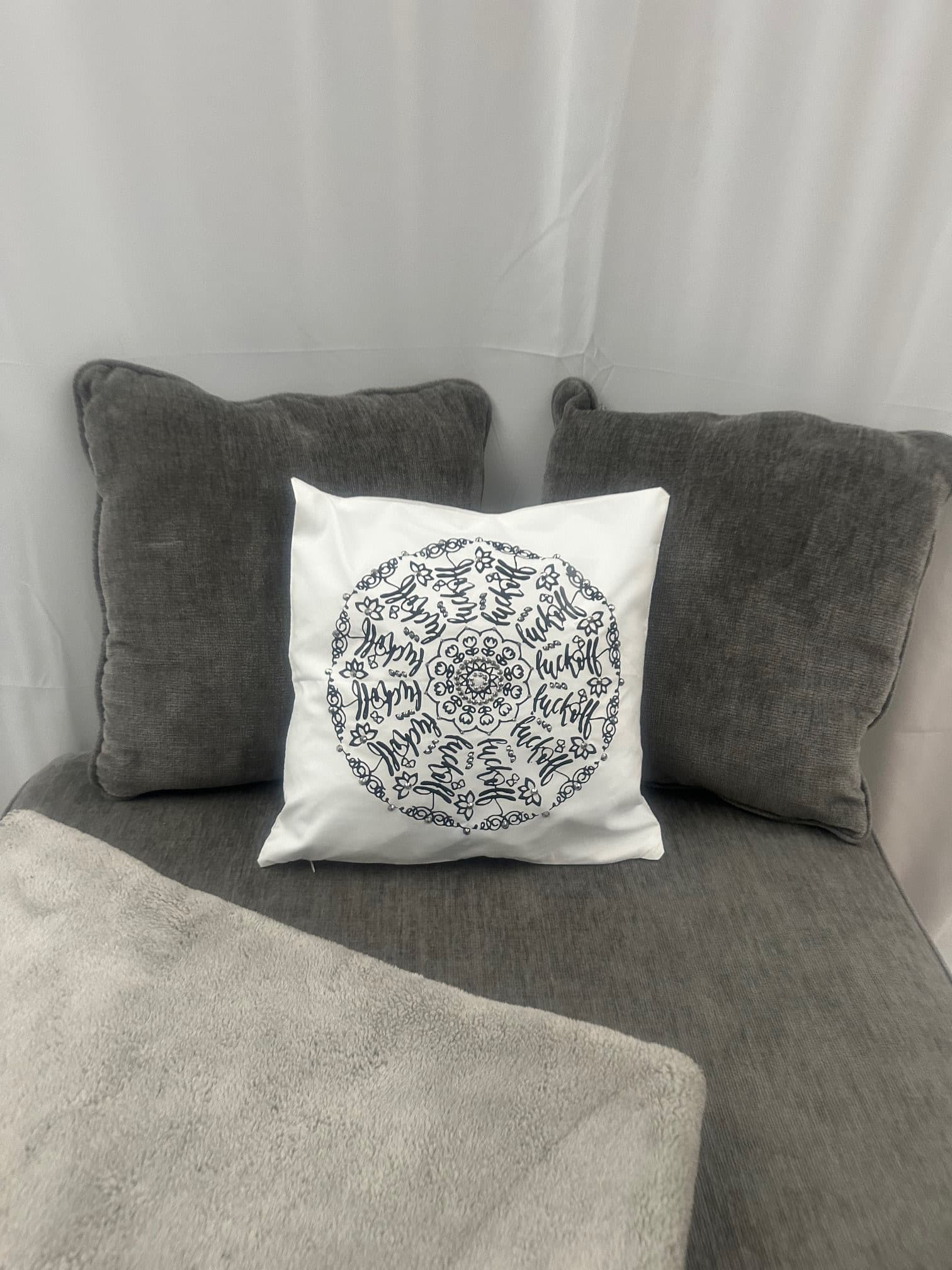 Give Sassy Vibes with Mandala Rhinestone Pillow Cover - Black, "fuck-off" One-of-a-Kind - Thumbnail 4