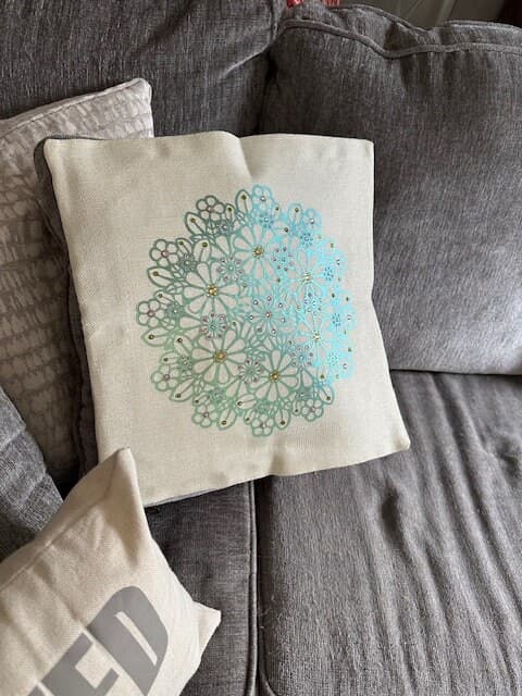 Luxurious Metallic Green Flower Mandala Rhinestone Pillow Cover - Handmade Shimmering Home Decor Accessory - Thumbnail 3