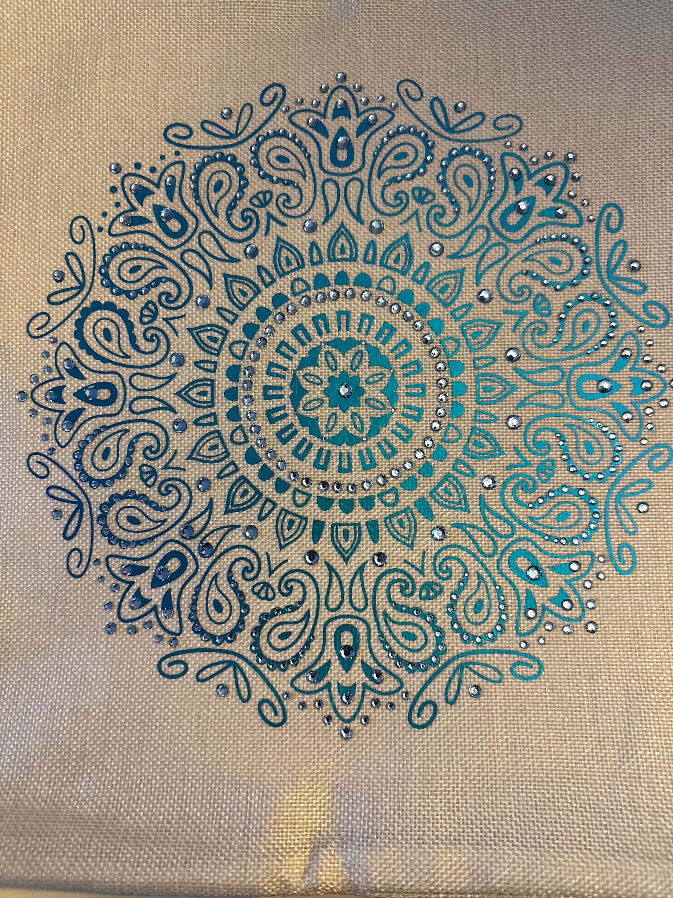 Handmade Metallic Blue Mandala Rhinestone Throw Pillow Cover (16"x16") - Image 1