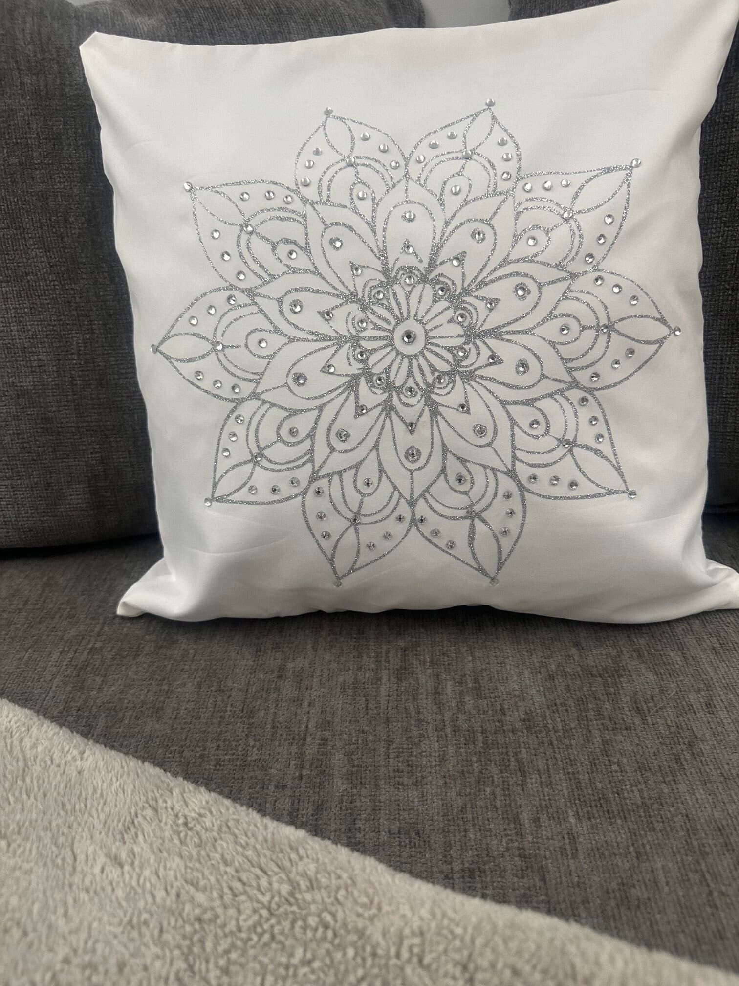 Silver Glitter Mandala Rhinestone Throw Pillow Cover - 15"x15" - One-of-a-Kind Home Decor - Image 1