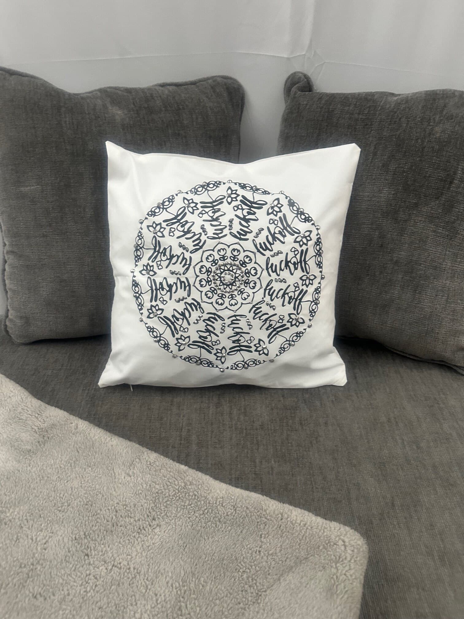 Give Sassy Vibes with Mandala Rhinestone Pillow Cover - Black, "fuck-off" One-of-a-Kind - Thumbnail 2