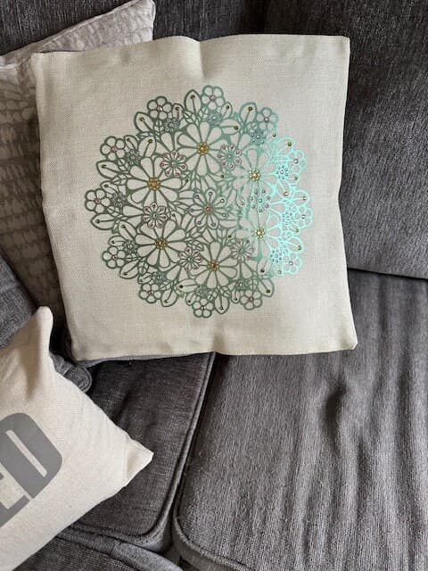 Luxurious Metallic Green Flower Mandala Rhinestone Pillow Cover - Handmade Shimmering Home Decor Accessory - Thumbnail 2