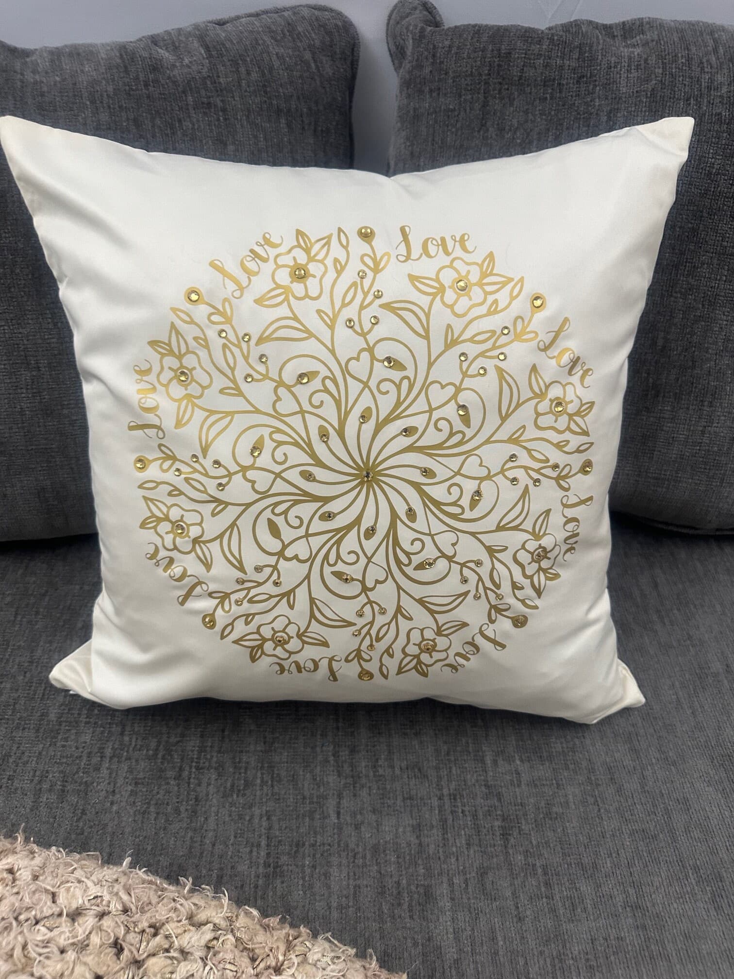 Golden "Love" Mandala - Handcrafted Rhinestone 16"x16" Throw Pillow Cover Home Decor - Thumbnail 2