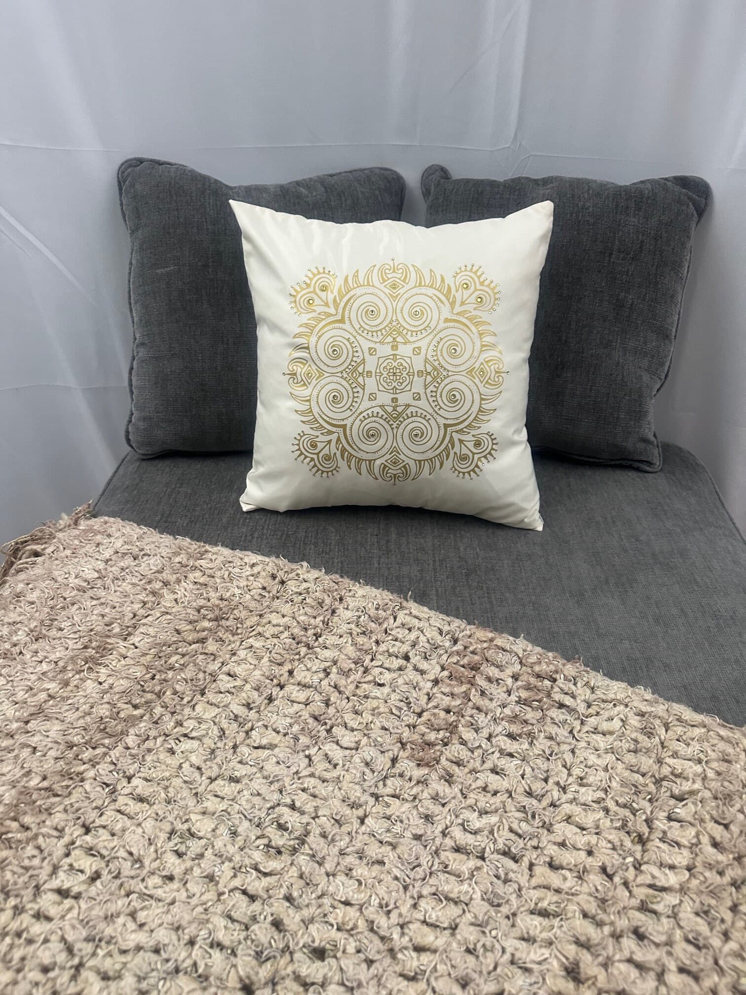 Dreamy Elegant Gold and Rhinestone Mandala Pillow, 16" x 16"; Home Decor - Thumbnail 4