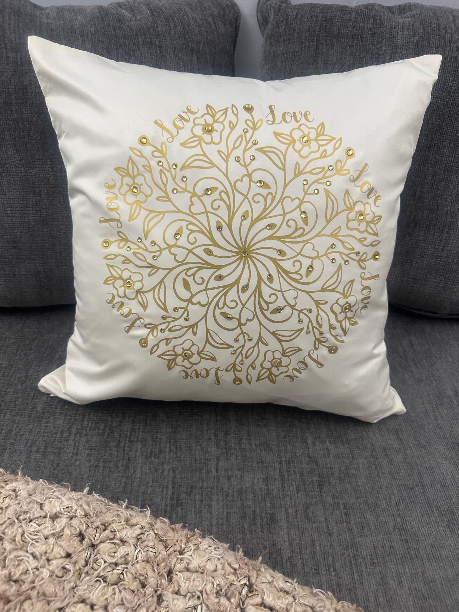 Golden "Love" Mandala - Handcrafted Rhinestone 16"x16" Throw Pillow Cover Home Decor - Image 1