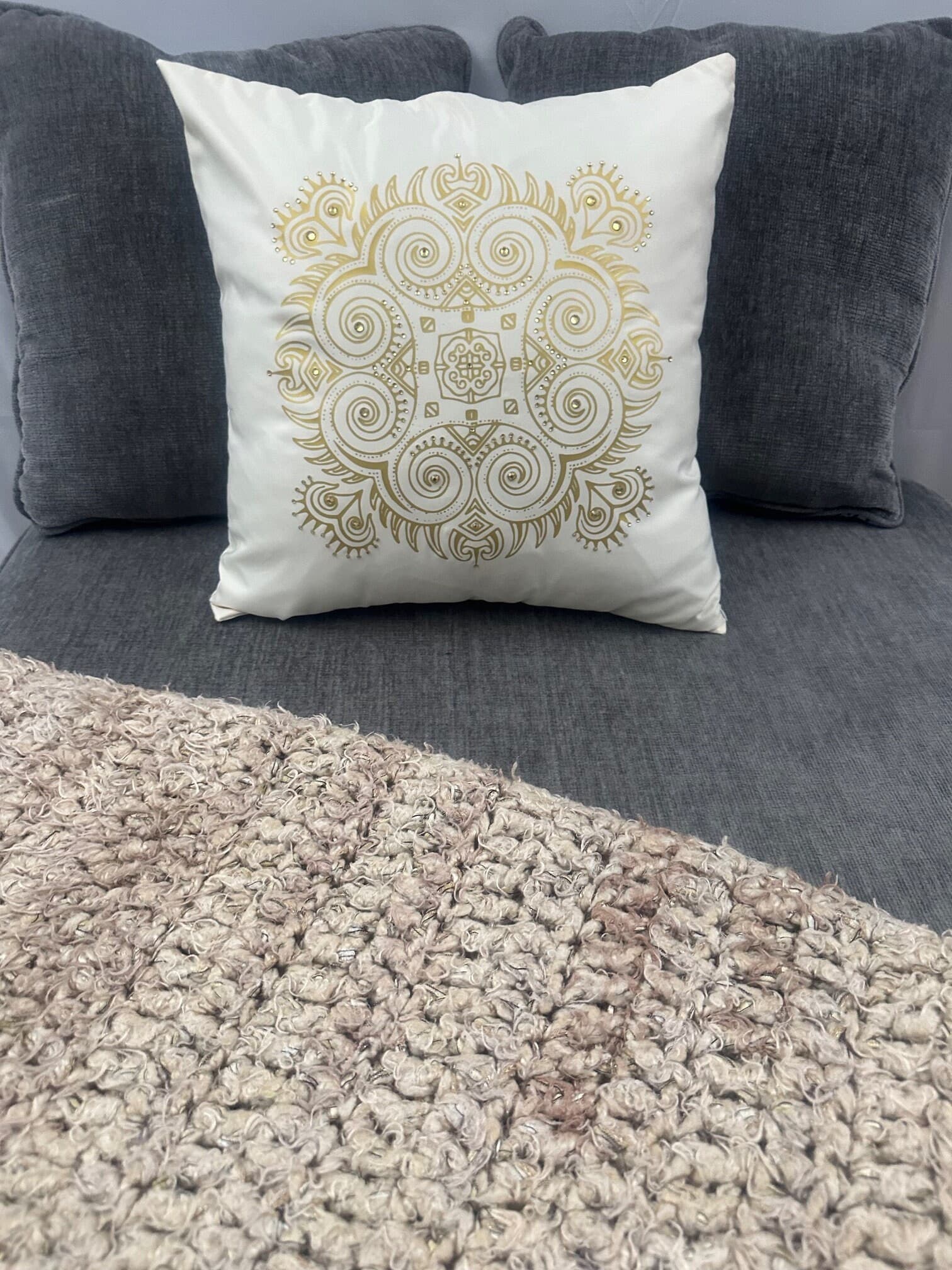 Dreamy Elegant Gold and Rhinestone Mandala Pillow, 16" x 16"; Home Decor - Image 1