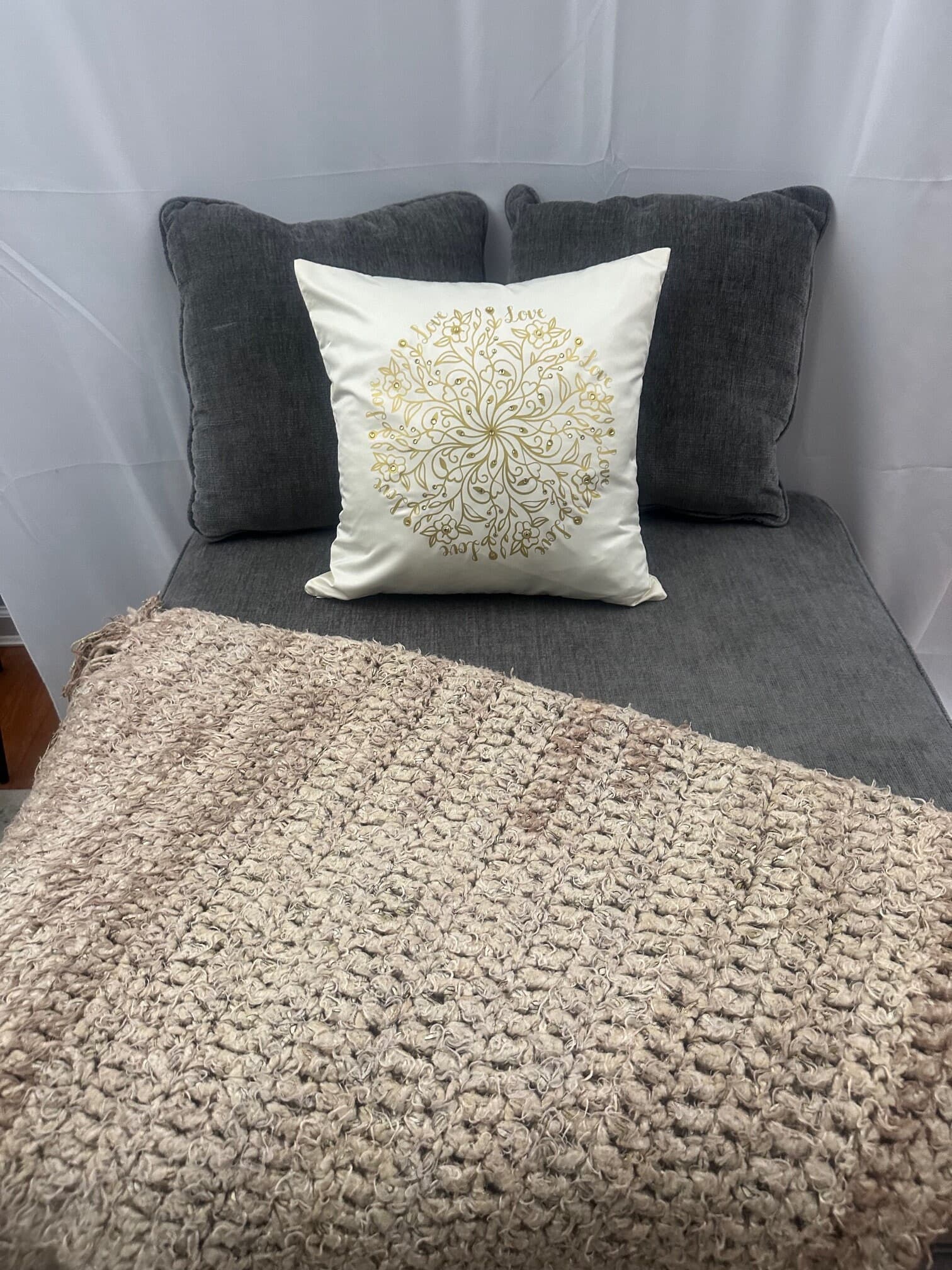 Golden "Love" Mandala - Handcrafted Rhinestone 16"x16" Throw Pillow Cover Home Decor - Thumbnail 3