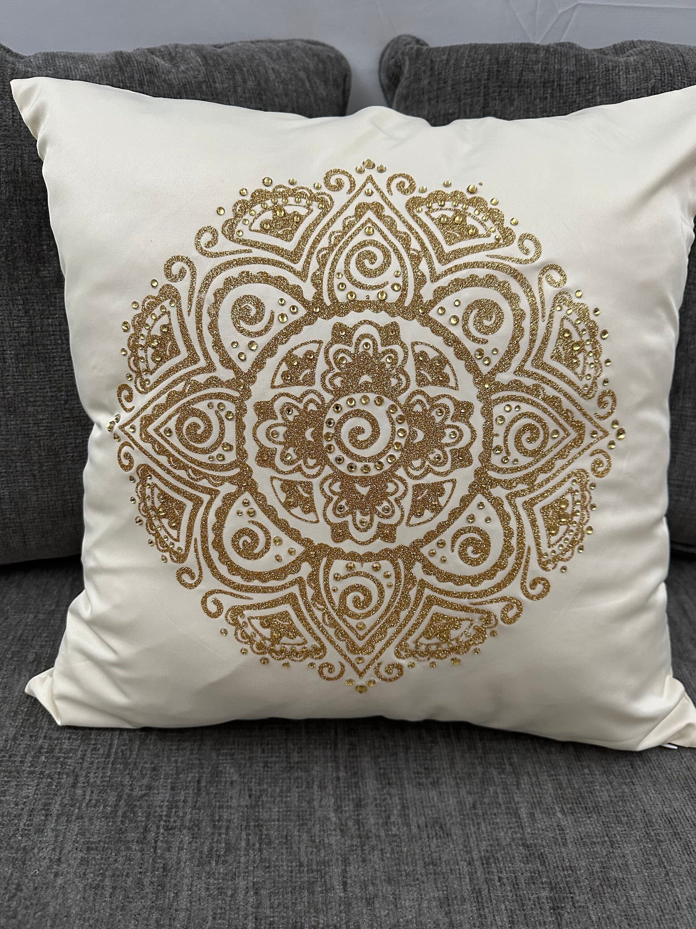 Golden Glitter Mandala Rhinestone Throw Pillow Cover - 16"x16" One-of-a-Kind Home Decor - Image 1