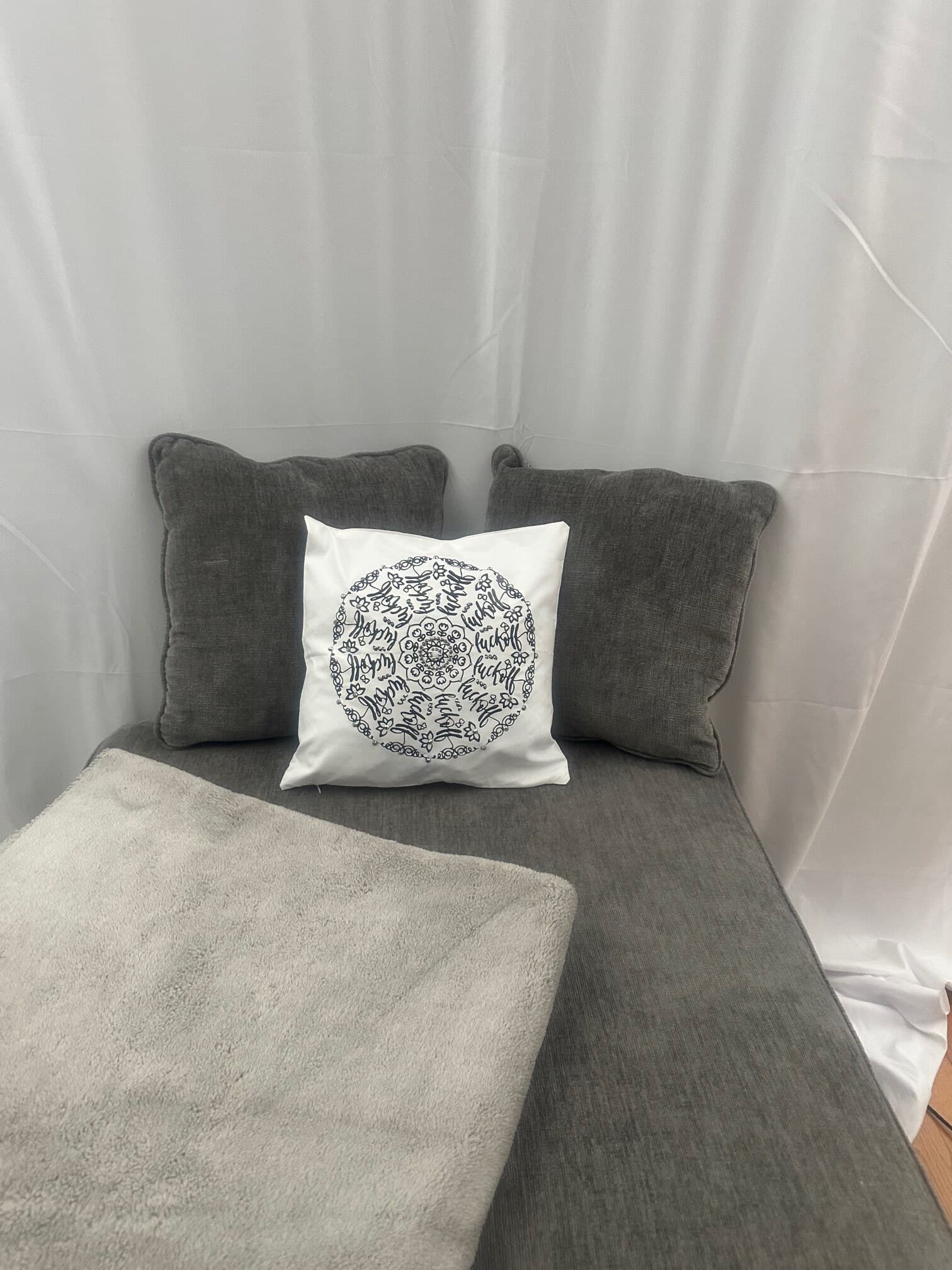 Give Sassy Vibes with Mandala Rhinestone Pillow Cover - Black, "fuck-off" One-of-a-Kind - Thumbnail 3