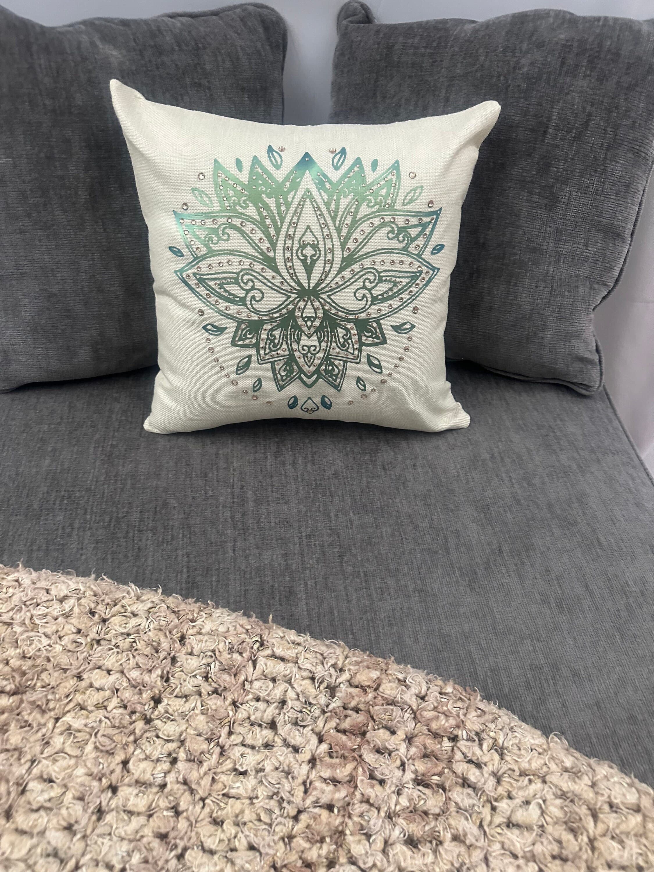 Metallic Green Mandala Throw Pillow Cover – Rhinestone Lotus Design, 16"x16" - Image 1