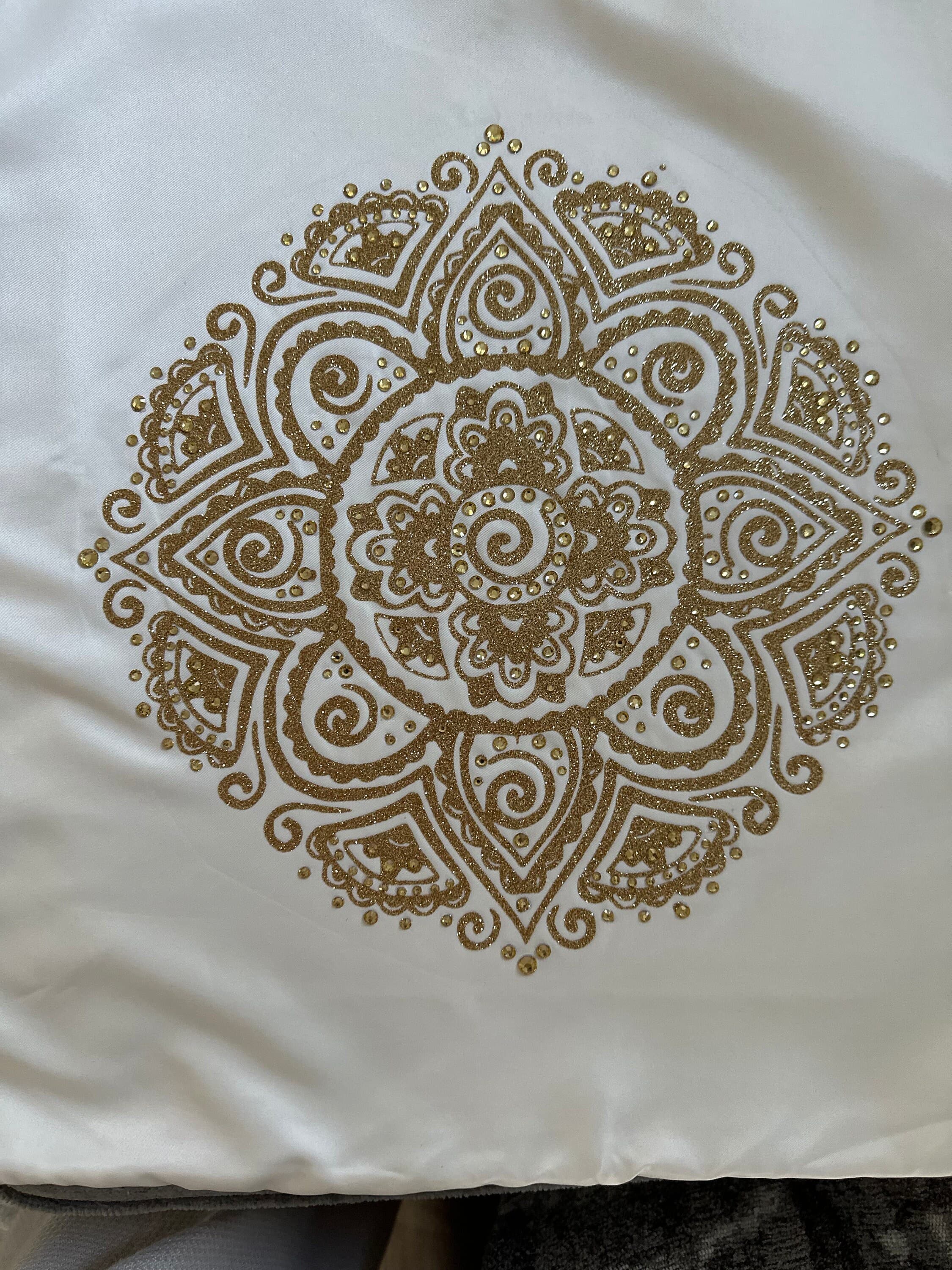 Golden Glitter Mandala Rhinestone Throw Pillow Cover - 16"x16" One-of-a-Kind Home Decor - Thumbnail 3