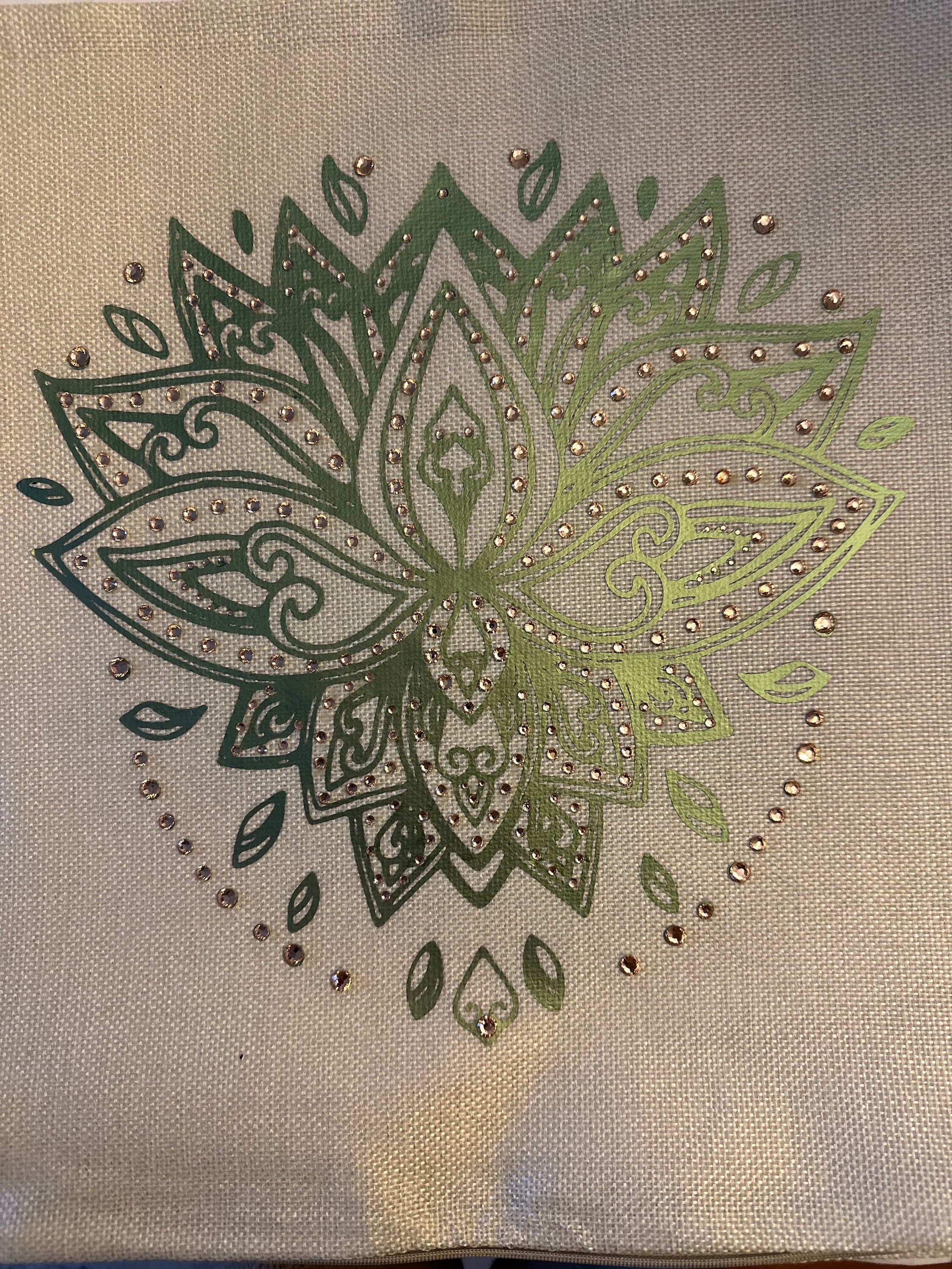 Metallic Green Mandala Throw Pillow Cover – Rhinestone Lotus Design, 16"x16" - Thumbnail 2