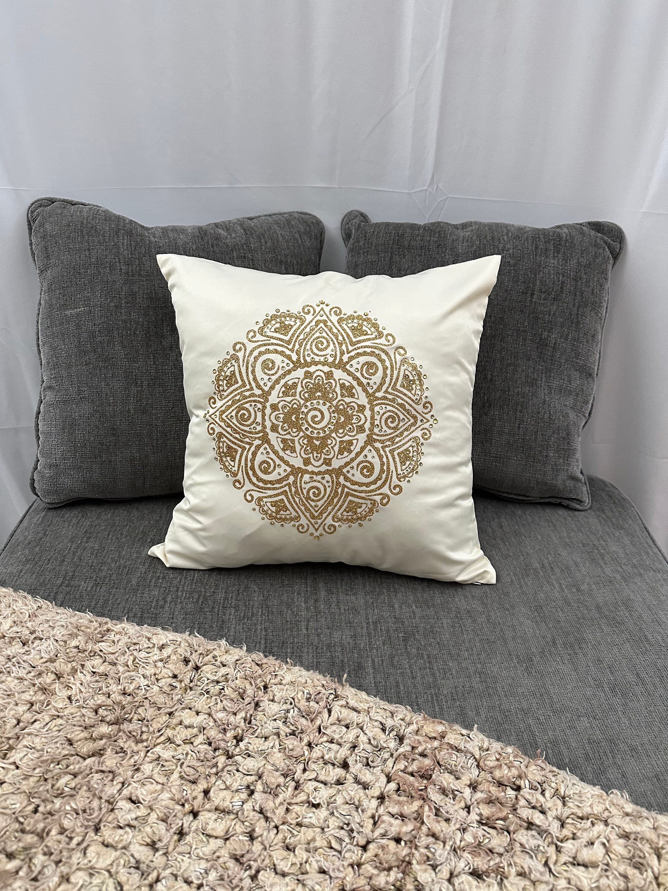 Golden Glitter Mandala Rhinestone Throw Pillow Cover - 16"x16" One-of-a-Kind Home Decor - Thumbnail 2