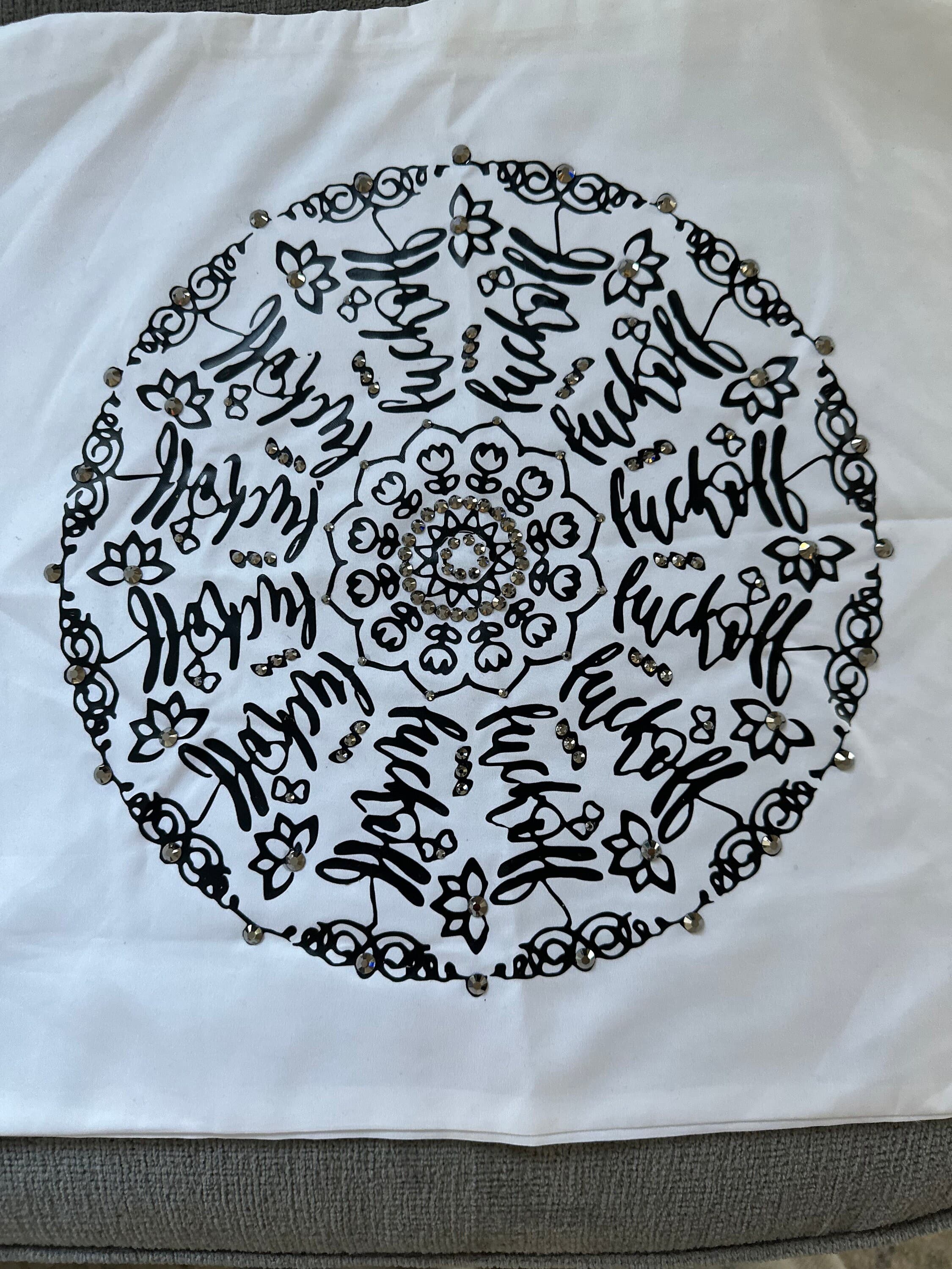 Give Sassy Vibes with Mandala Rhinestone Pillow Cover - Black, "fuck-off" One-of-a-Kind - Image 1