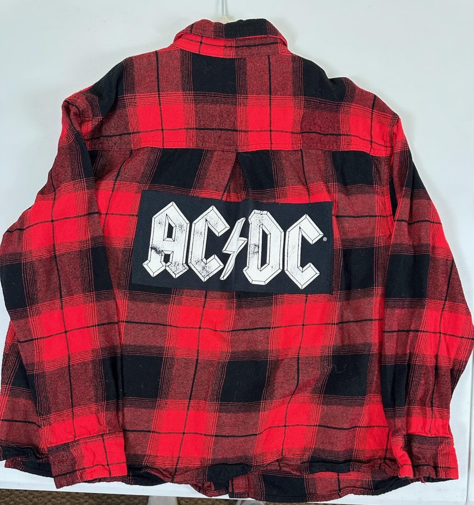 AC/DC Flannel Shirt Youth L | Upcycled Red Black Plaid, Rock Band Tee - Image 1