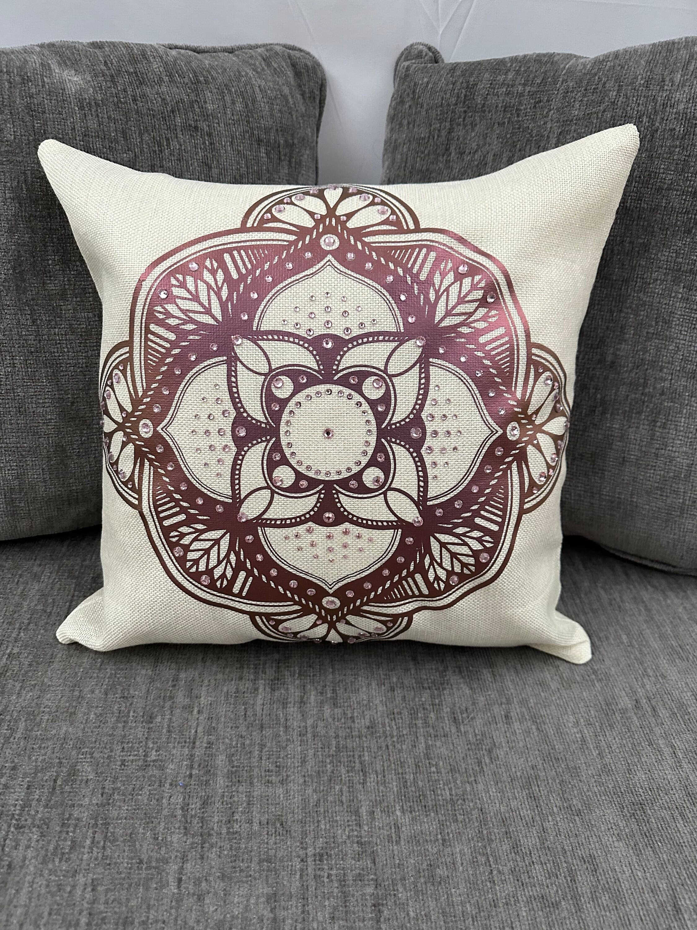 Exquisite Burgundy Mandala Throw Pillow with Rhinestone Embellishments for Elegant Home Decor - Image 1
