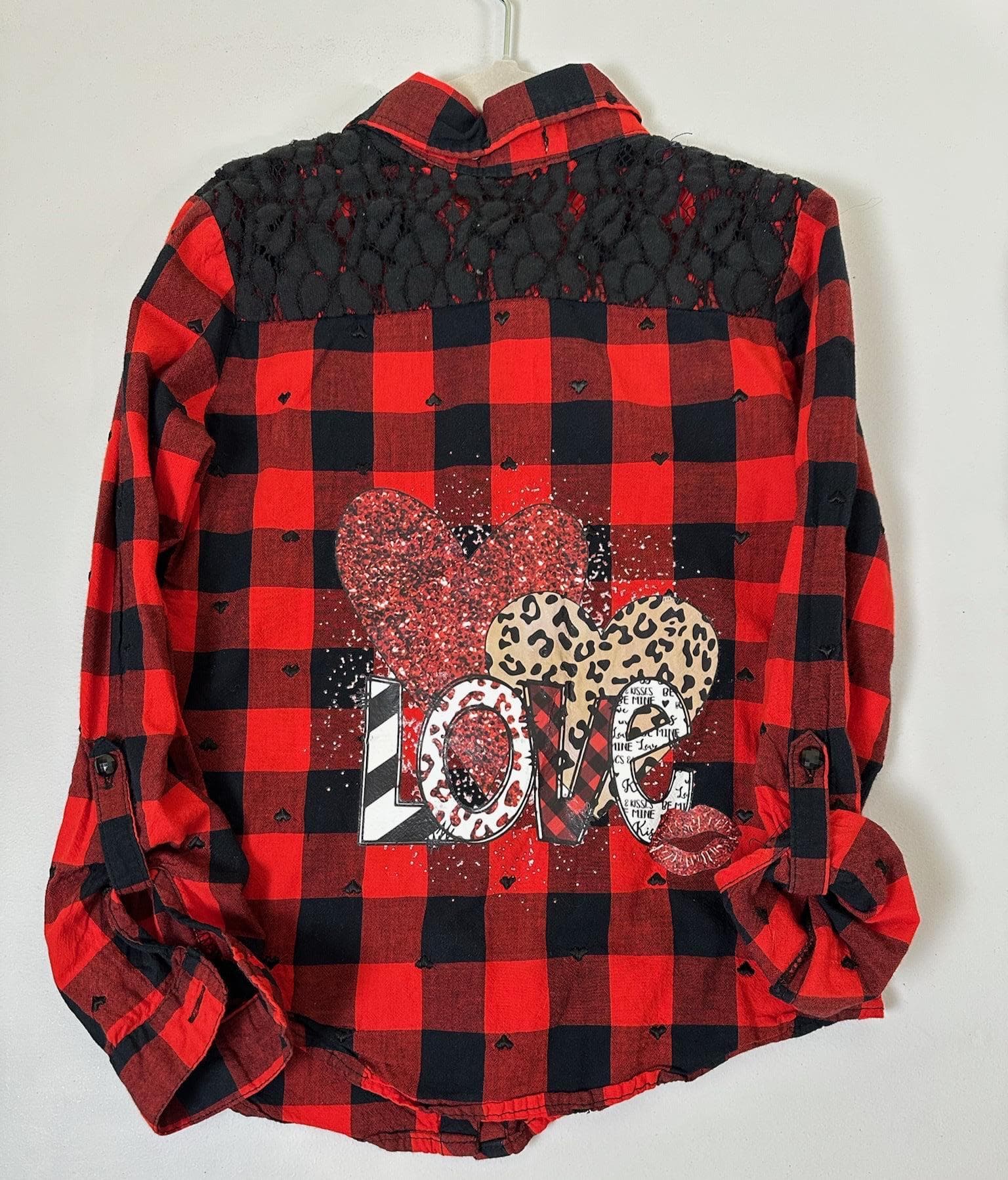 Upcycled LOVE Flannel Shirt | Red Black Plaid, Youth Size 7/8 - Image 1