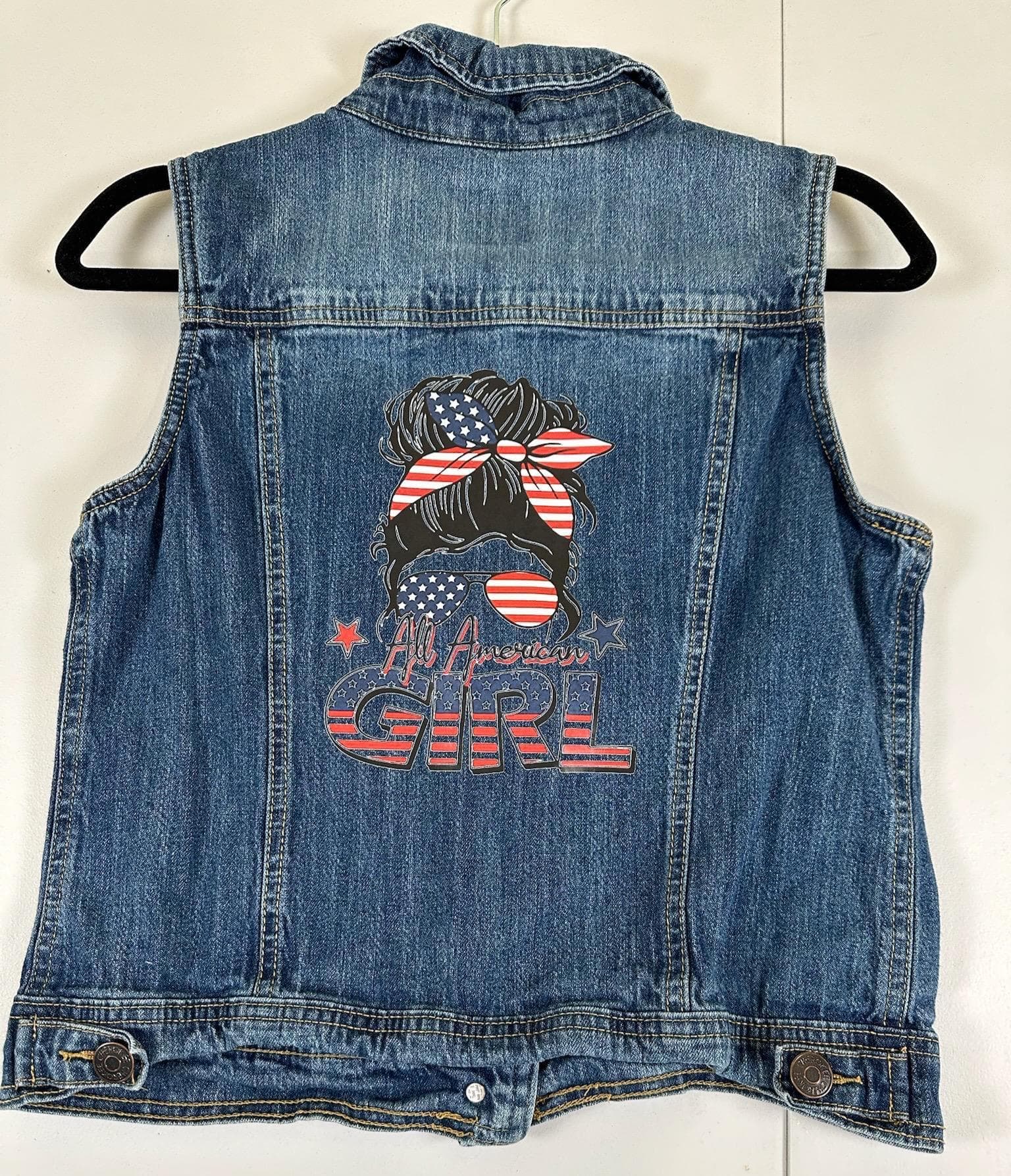 Upcycled Denim Vest | Patriotic American Girl, Youth Size 10/12 - Image 1