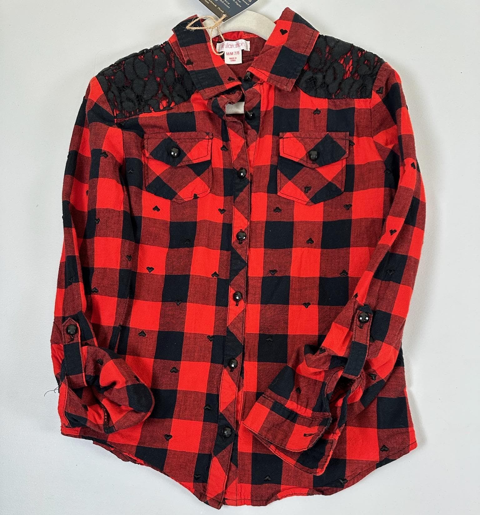 Upcycled LOVE Flannel Shirt | Red Black Plaid, Youth Size 7/8 - Thumbnail 2