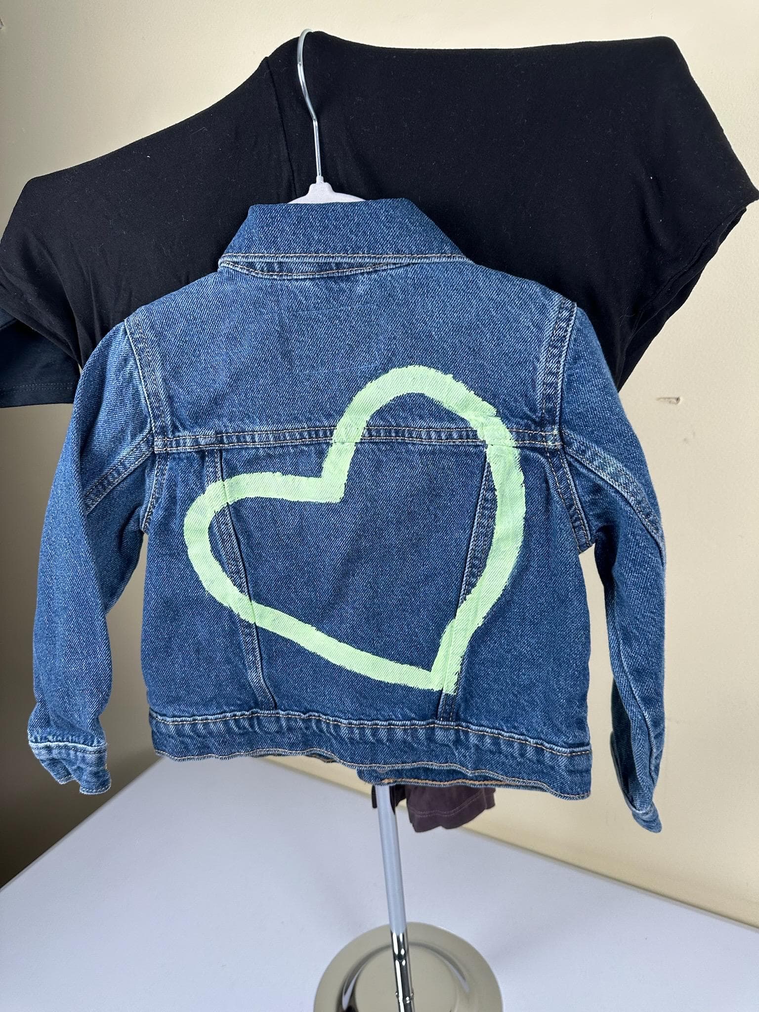 Denim jacket with Green heart on back. 4T size. - Image 1