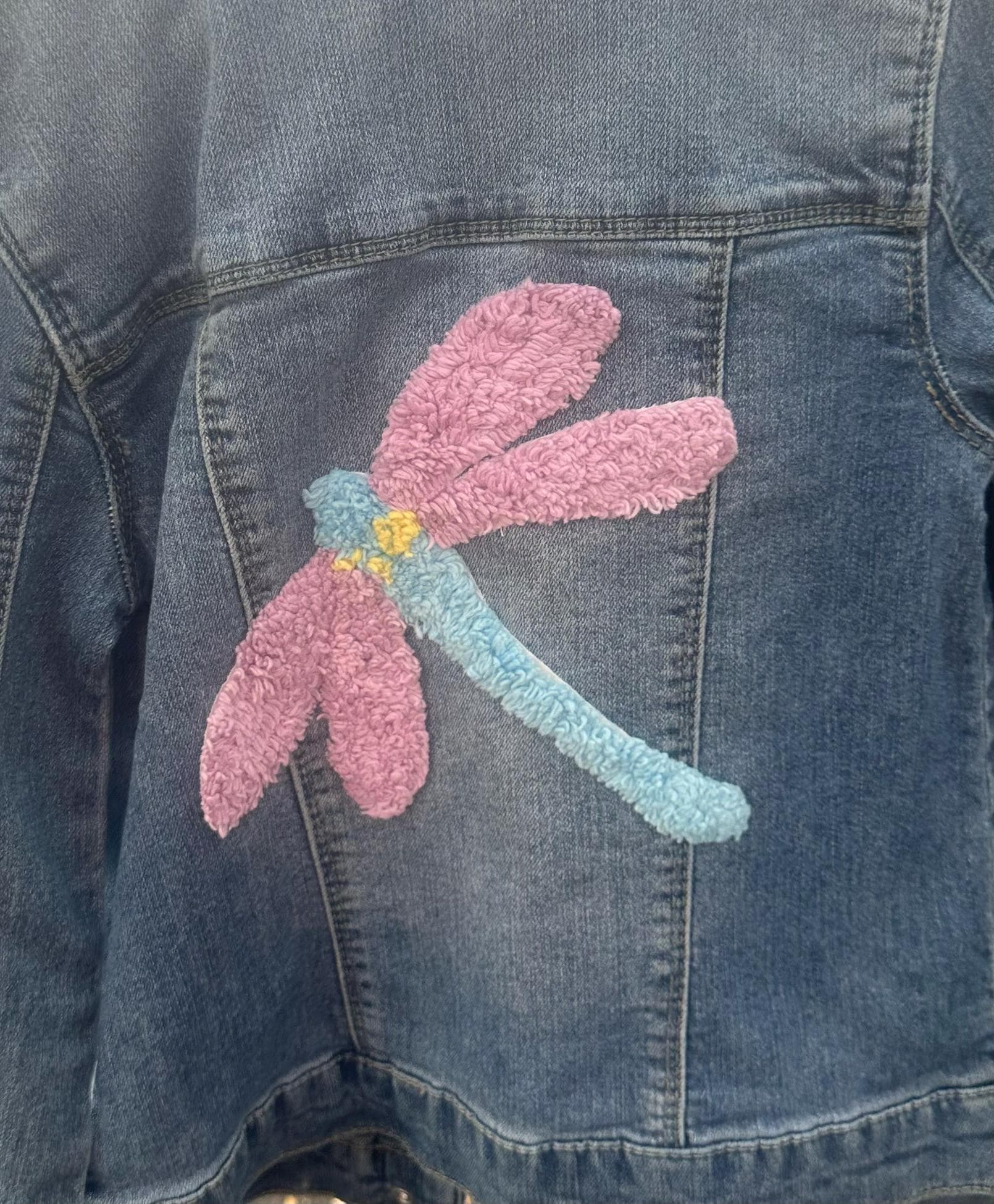Upcycled BCBG Girls Denim Jacket (Size 8) – Handcrafted Chenille Dragonfly Design - Image 1