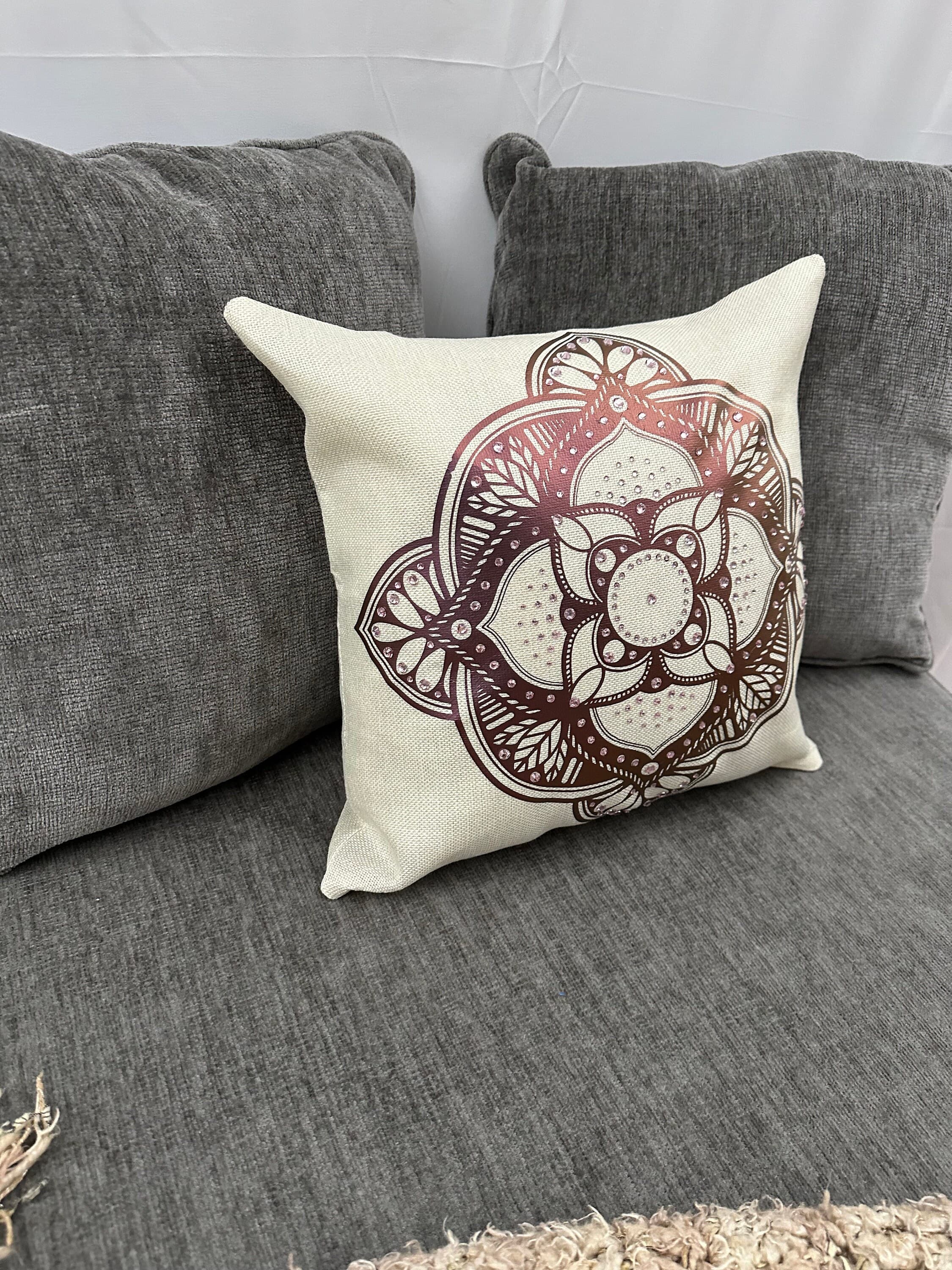 Exquisite Burgundy Mandala Throw Pillow with Rhinestone Embellishments for Elegant Home Decor - Thumbnail 3