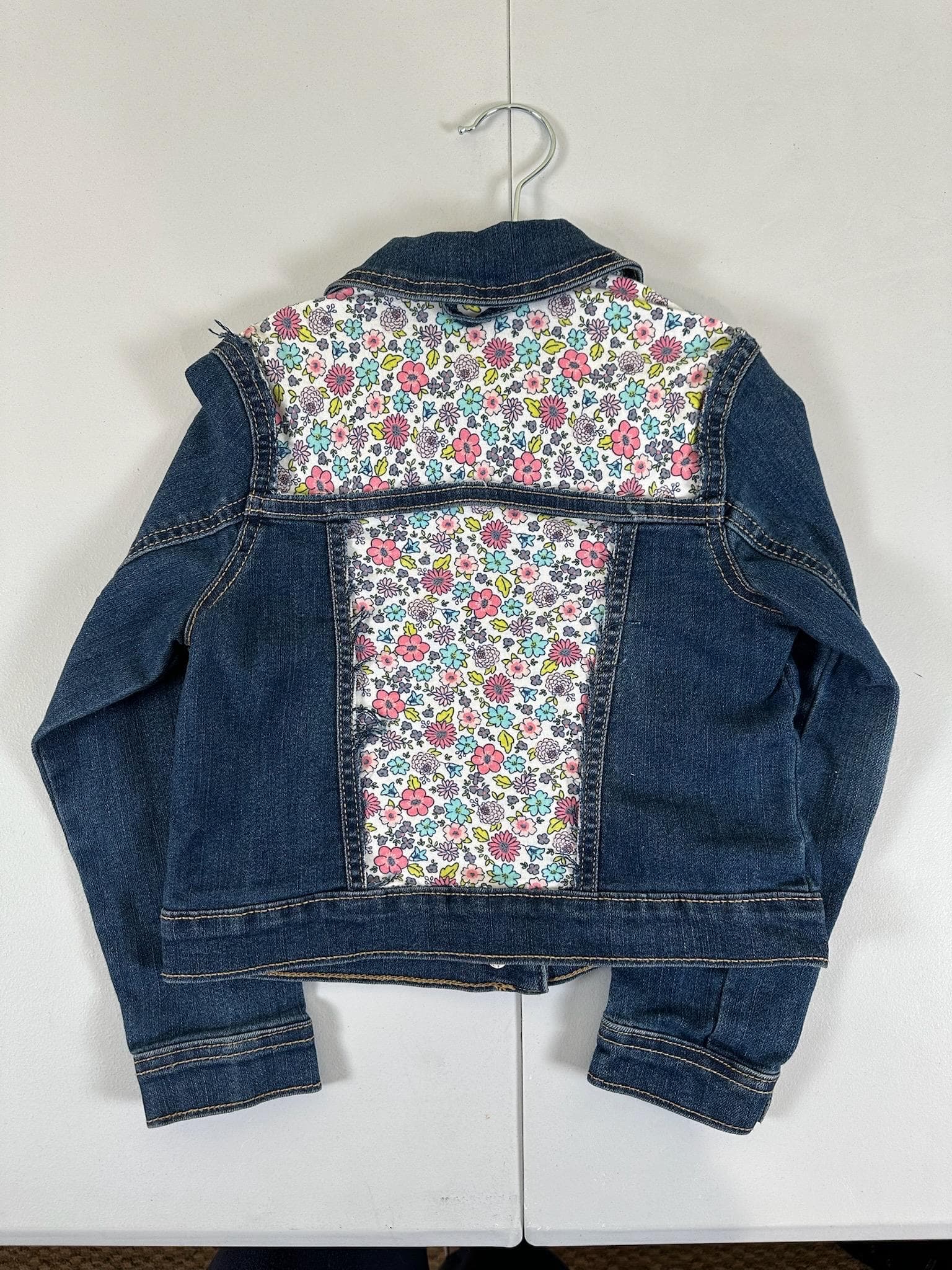 Upcycled Toddler Denim Jacket 5T – Handmade Floral Inset - Image 1