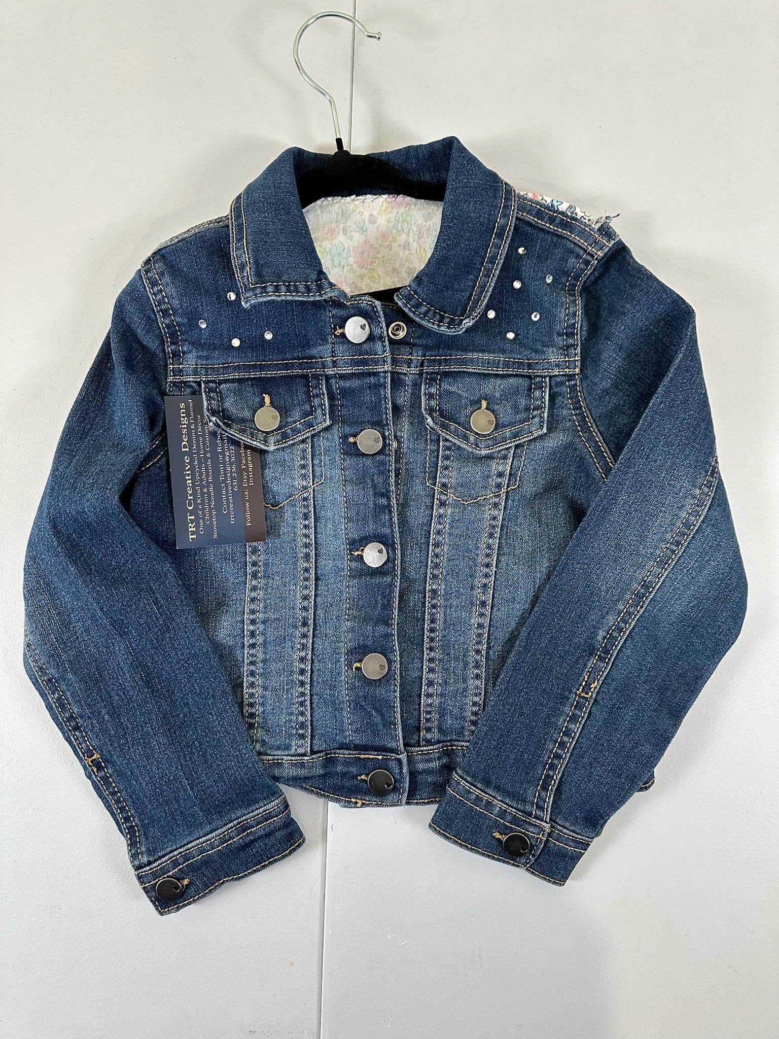 Upcycled Toddler Denim Jacket 5T – Handmade Floral Inset - Thumbnail 2