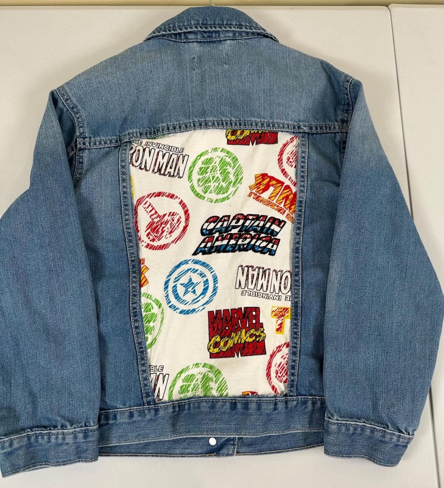 Marvel Denim Jacket Youth 7/8 | Upcycled Kids Jean Jacket | Children’s Place Superhero Jacket - Image 1