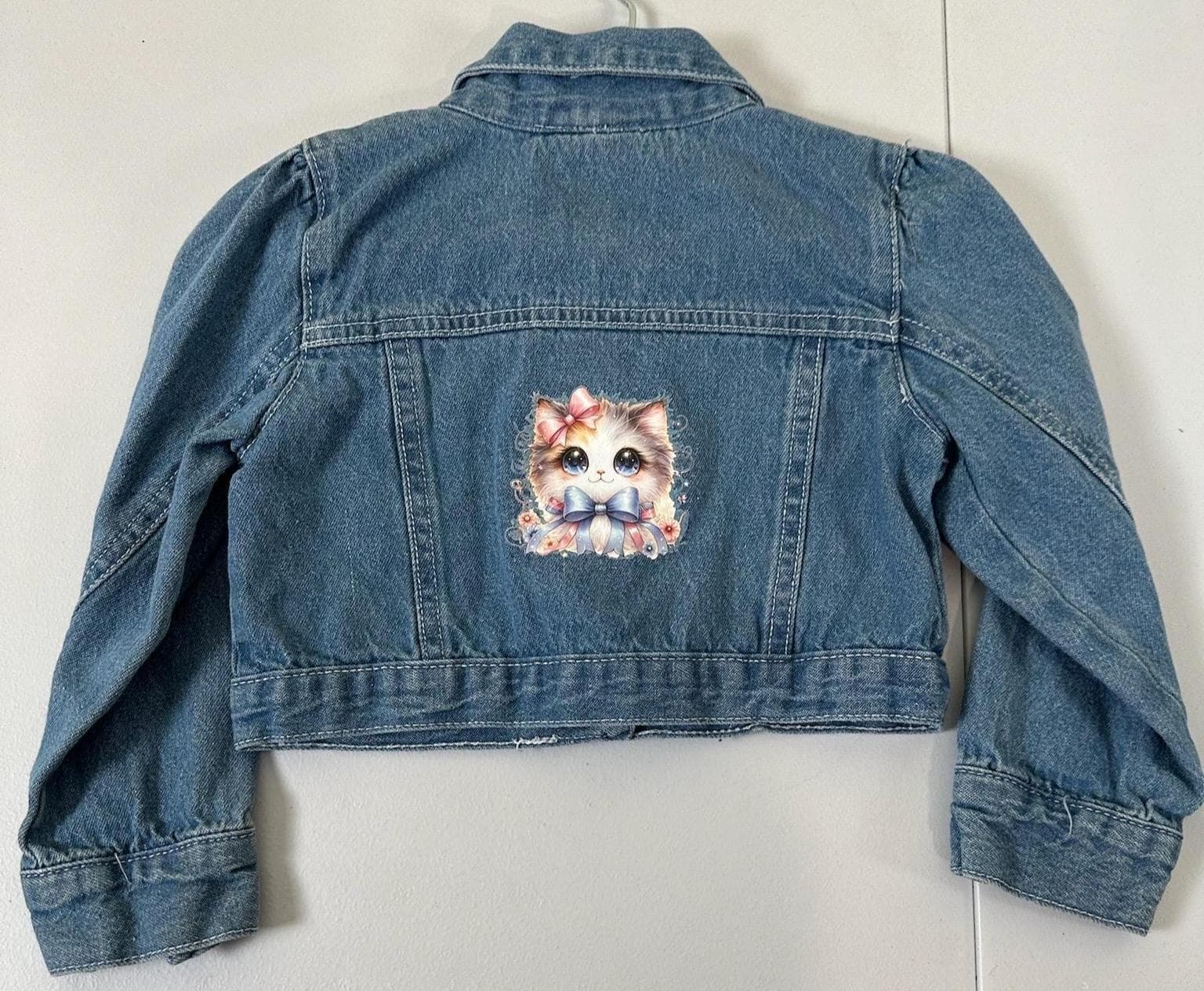 Girls Denim Jacket 3T – Embroidered Floral, Kitty Back Design - Image 1