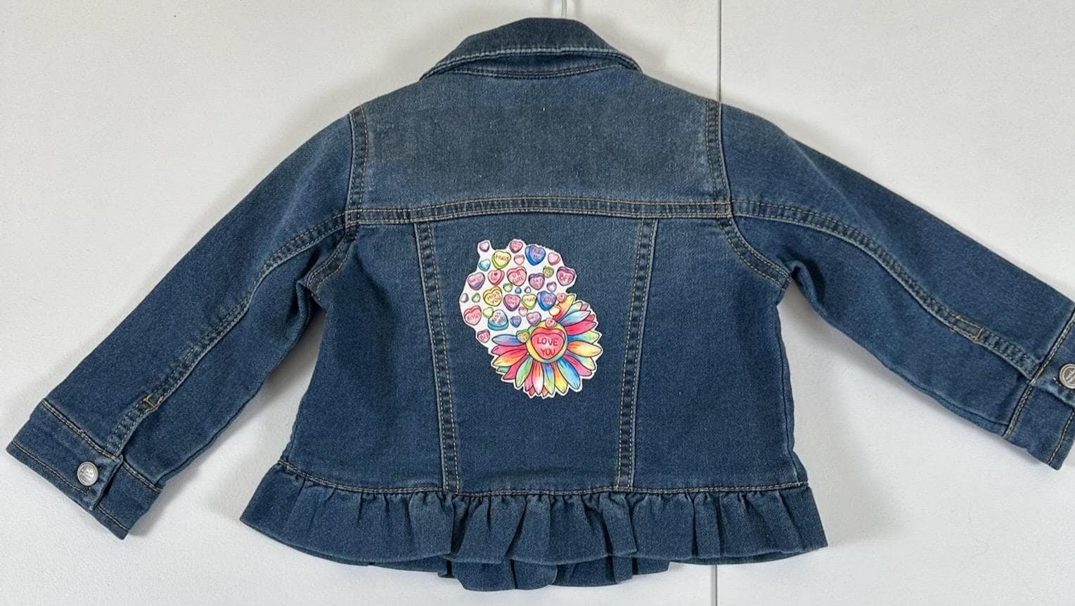 Baby Girl Denim Jacket – Valentine Candy Heart, Rainbow Love, 18 Months - Image 1