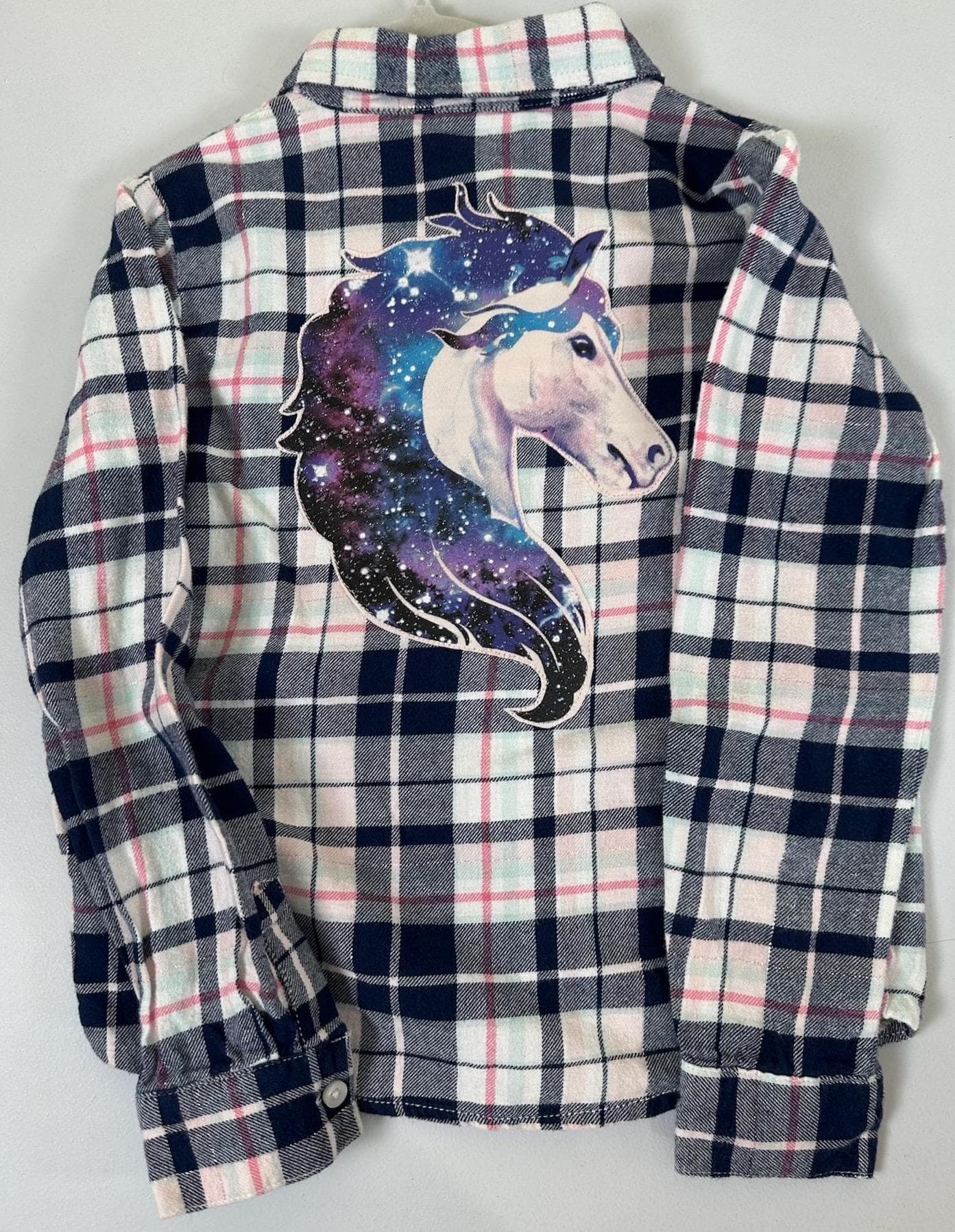 Girls Flannel Shirt Youth 7 | Sparkly Horse Plaid Button Down | Kids Statement Shirt - Image 1