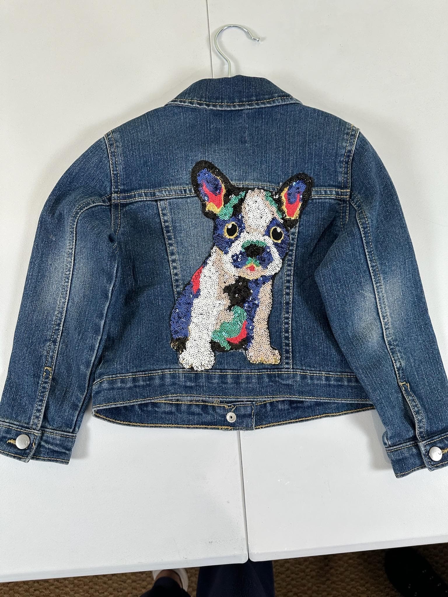 Upcycled Toddler Denim Jacket 4T – Sequin French Bulldog | One of a Kind Kids Jean Jacket - Image 1