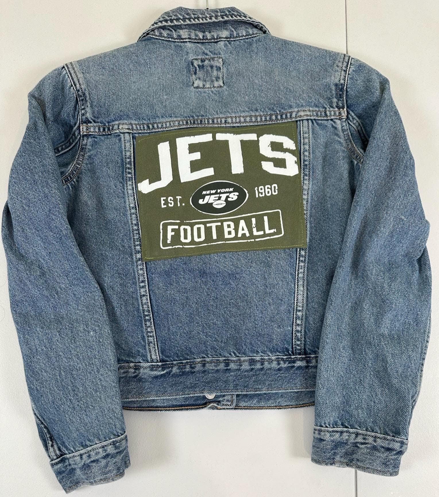 Upcycled NY Jets Kids Denim Jacket | Youth Size 12, Football Fan - Image 1