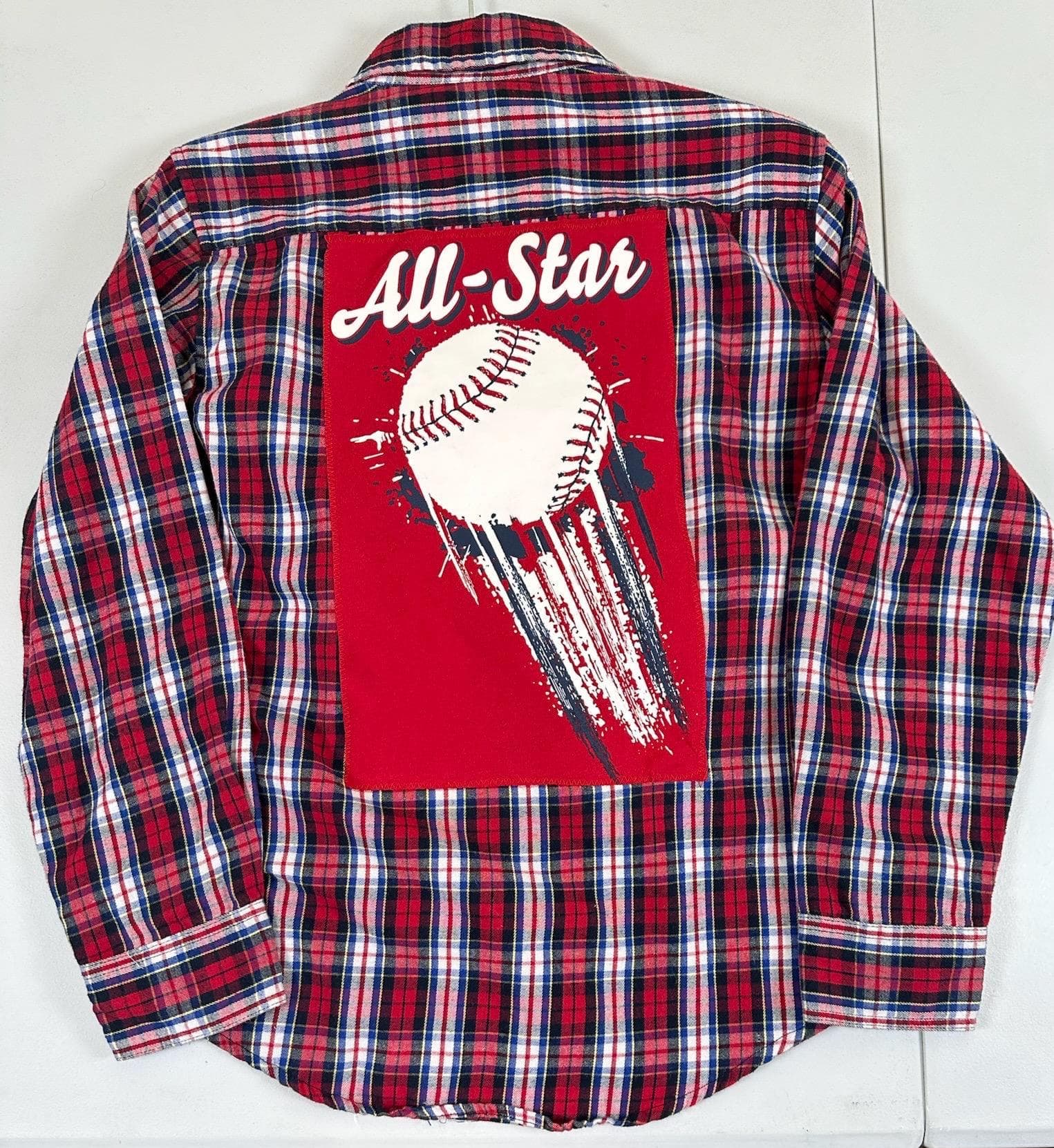 Youth XL Baseball Flannel Shirt | Red White Blue Plaid, All-Star Graphic - Image 1