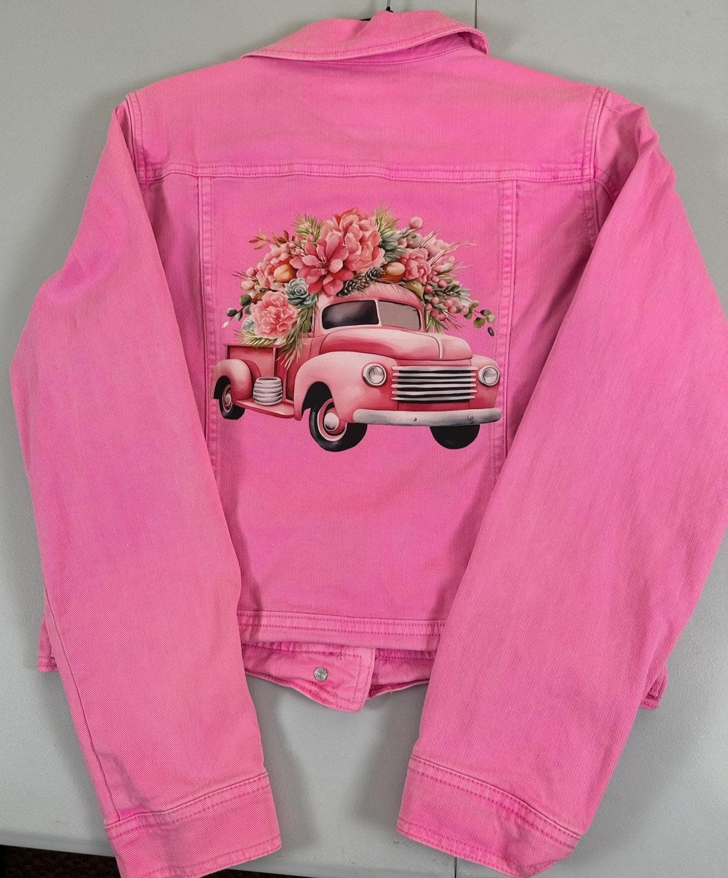 Girls Pink Denim Jacket (Youth 14/16) | Floral Truck, Cottagecore Style - Image 1