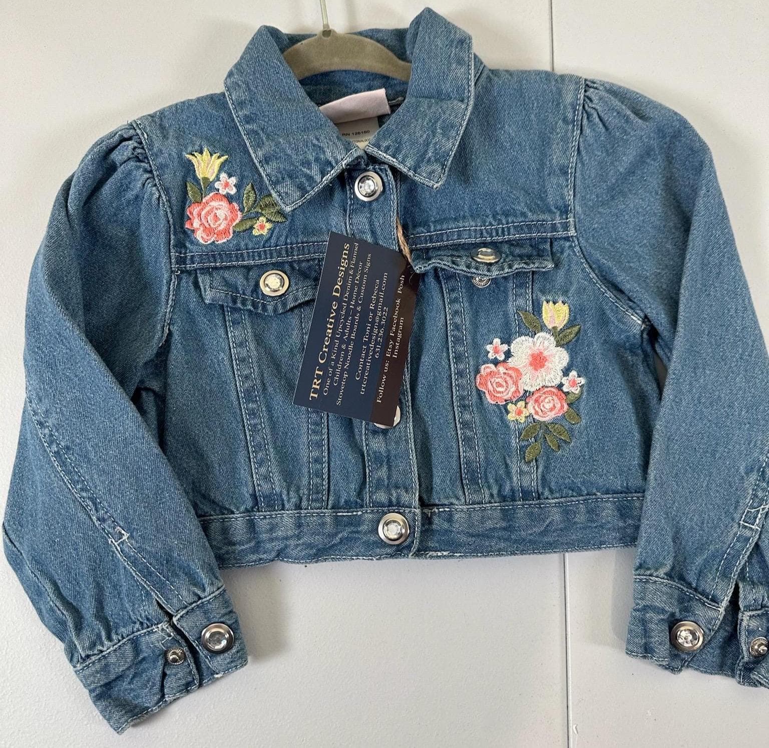 Girls Denim Jacket 3T – Embroidered Floral, Kitty Back Design - Thumbnail 2