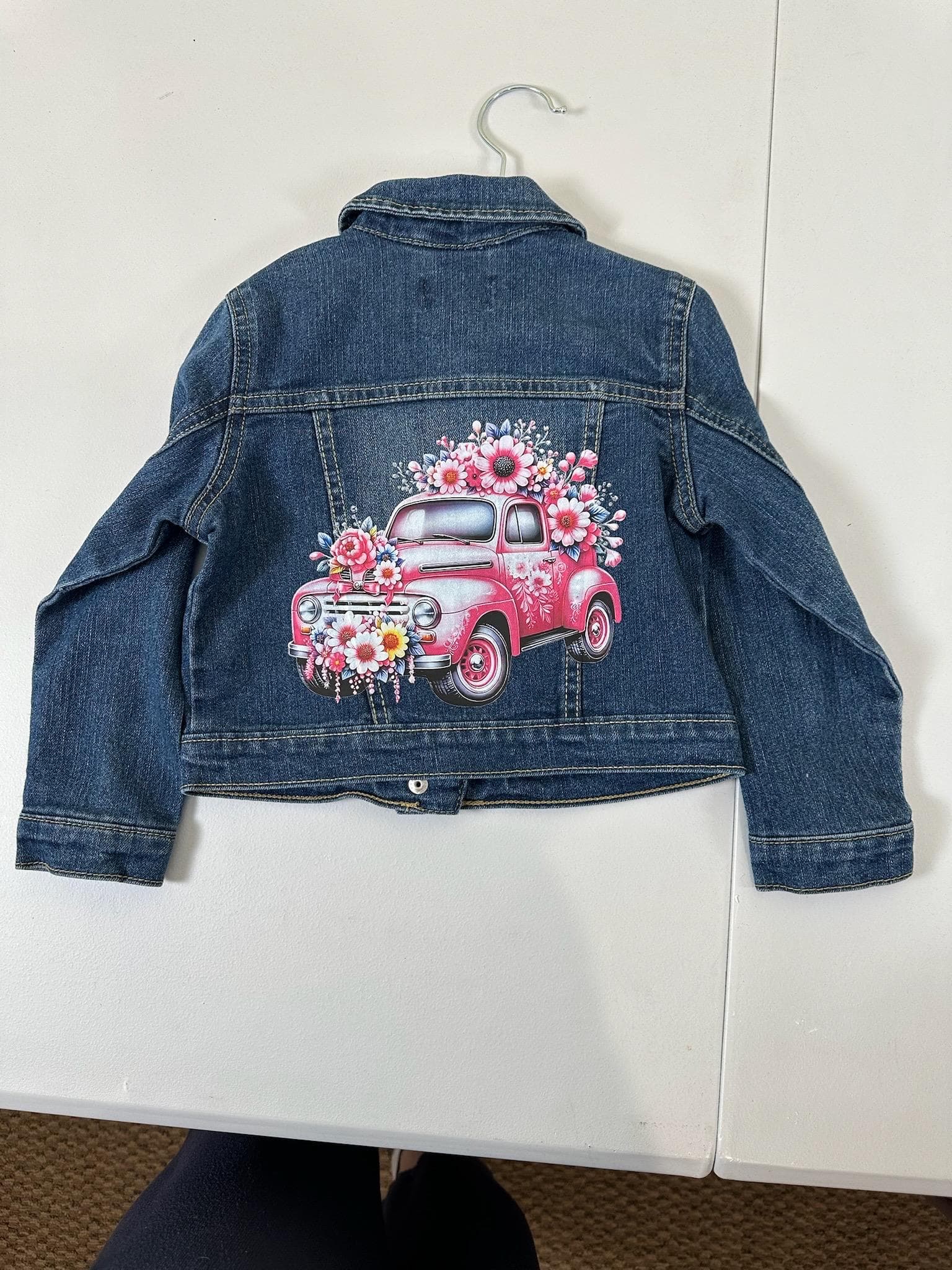 Vintage Pink Car Denim Jacket - Unique Jean Jacket with Retro Vehicle Design - Image 1