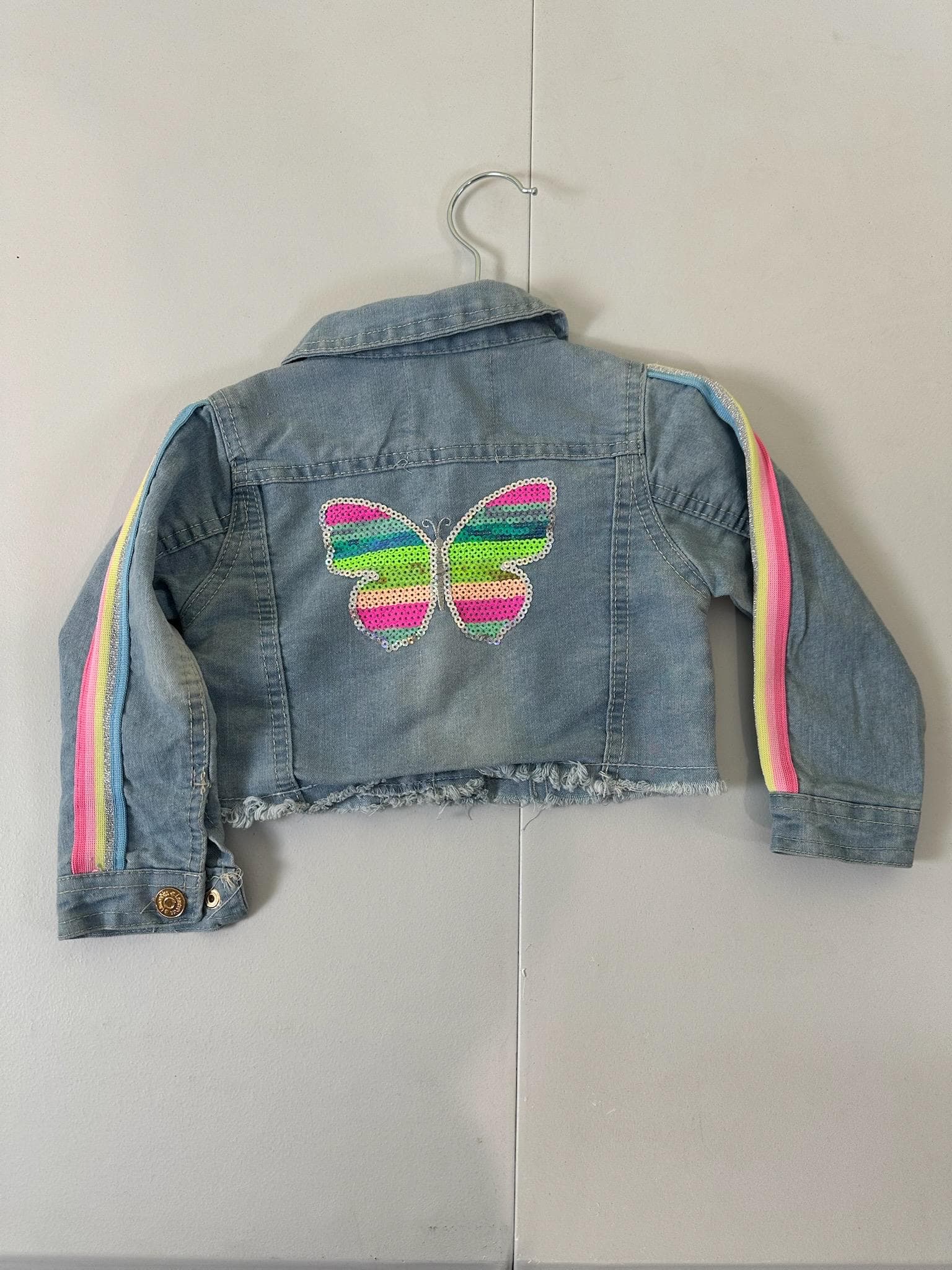 Toddler Sequin Butterfly Denim Jacket – Rainbow Stripe, Boutique Style - Image 1