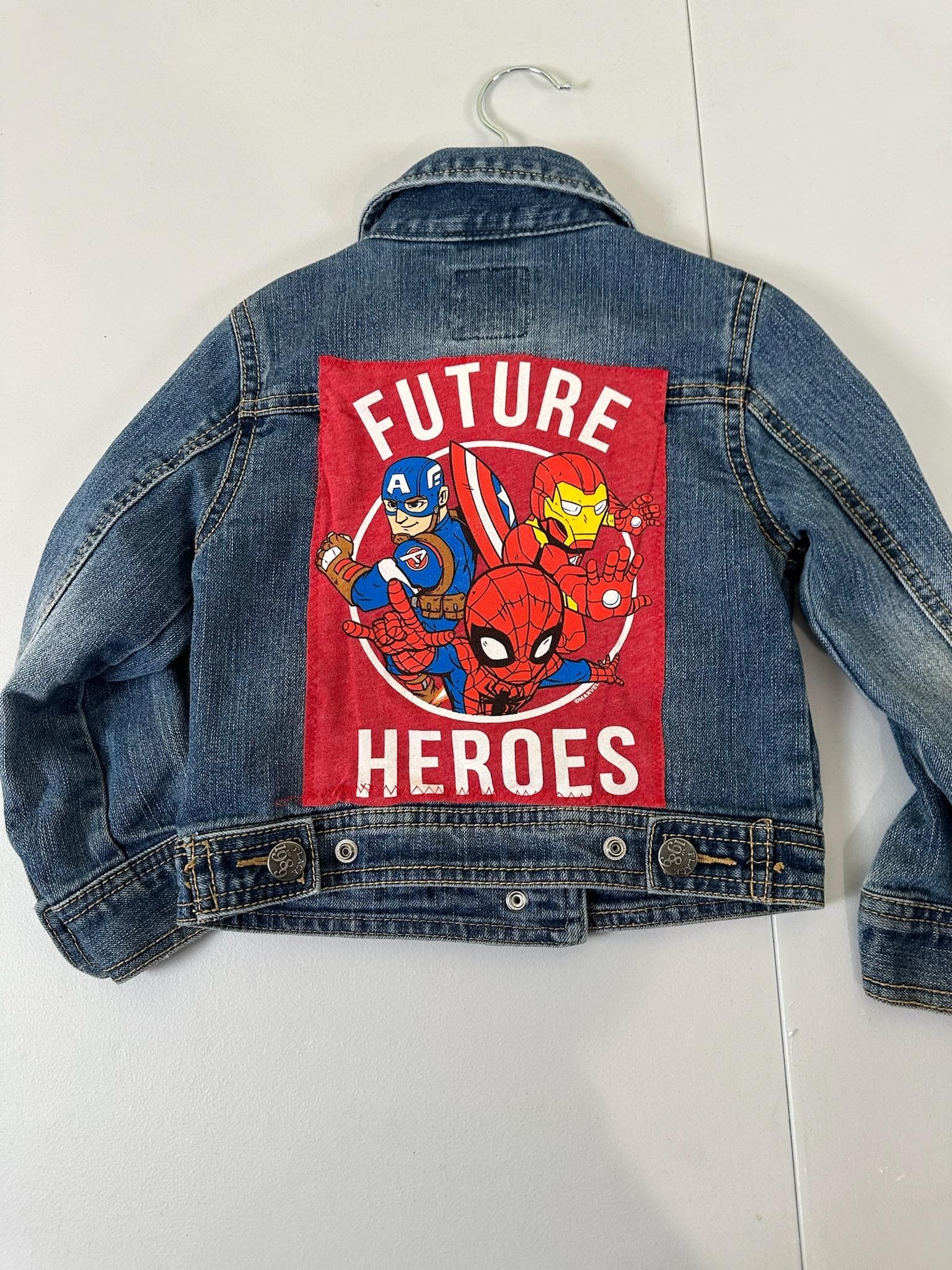 Upcycled Toddler Denim Jacket 3T – Superhero Back Patch | One of a Kind Kids Jean Jacket - Image 1