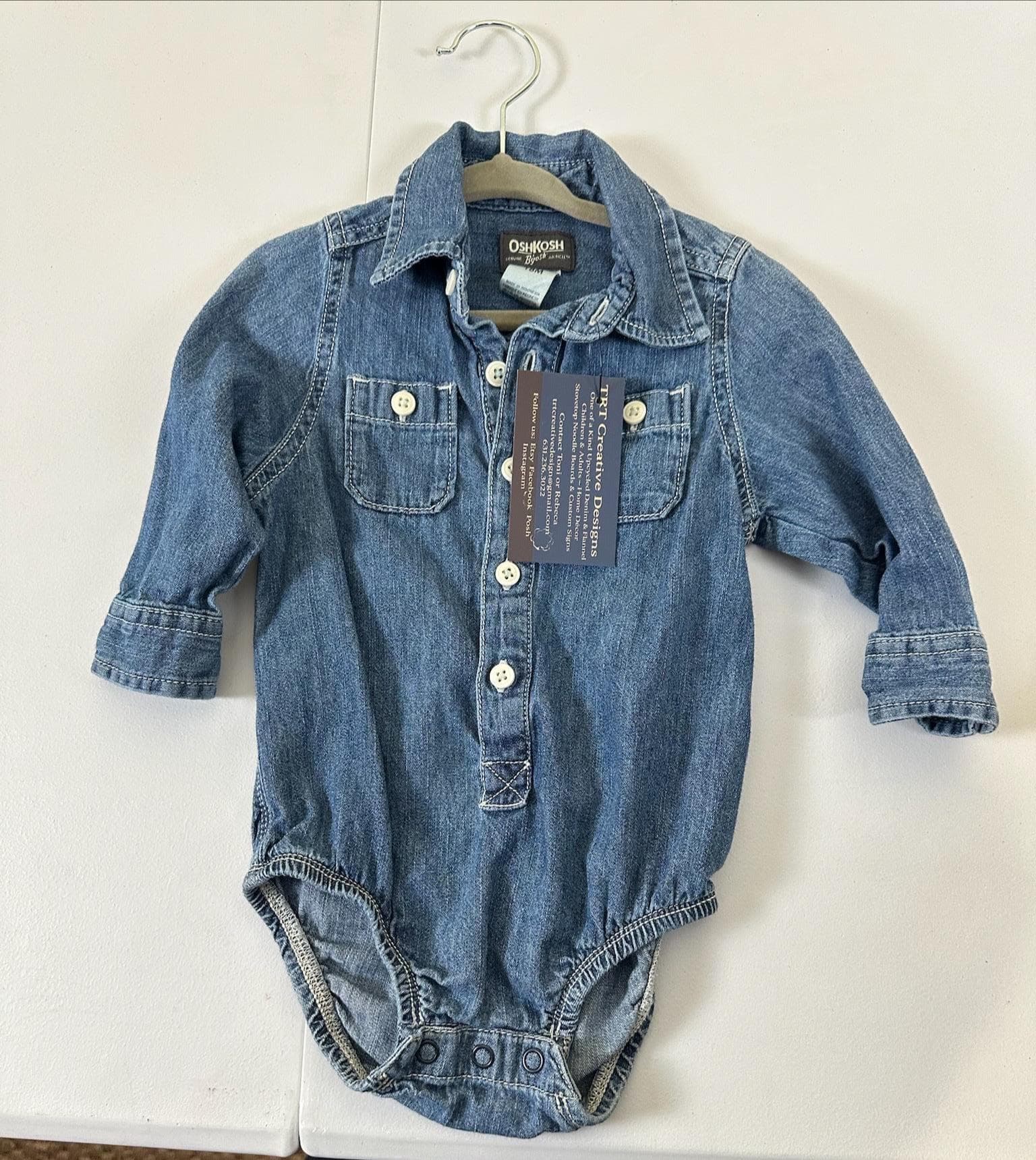 Upcycled Baby Denim Onesie – Size 18 Months | Bluey & Bingo Baseball Inspired | One of a Kind - Thumbnail 2