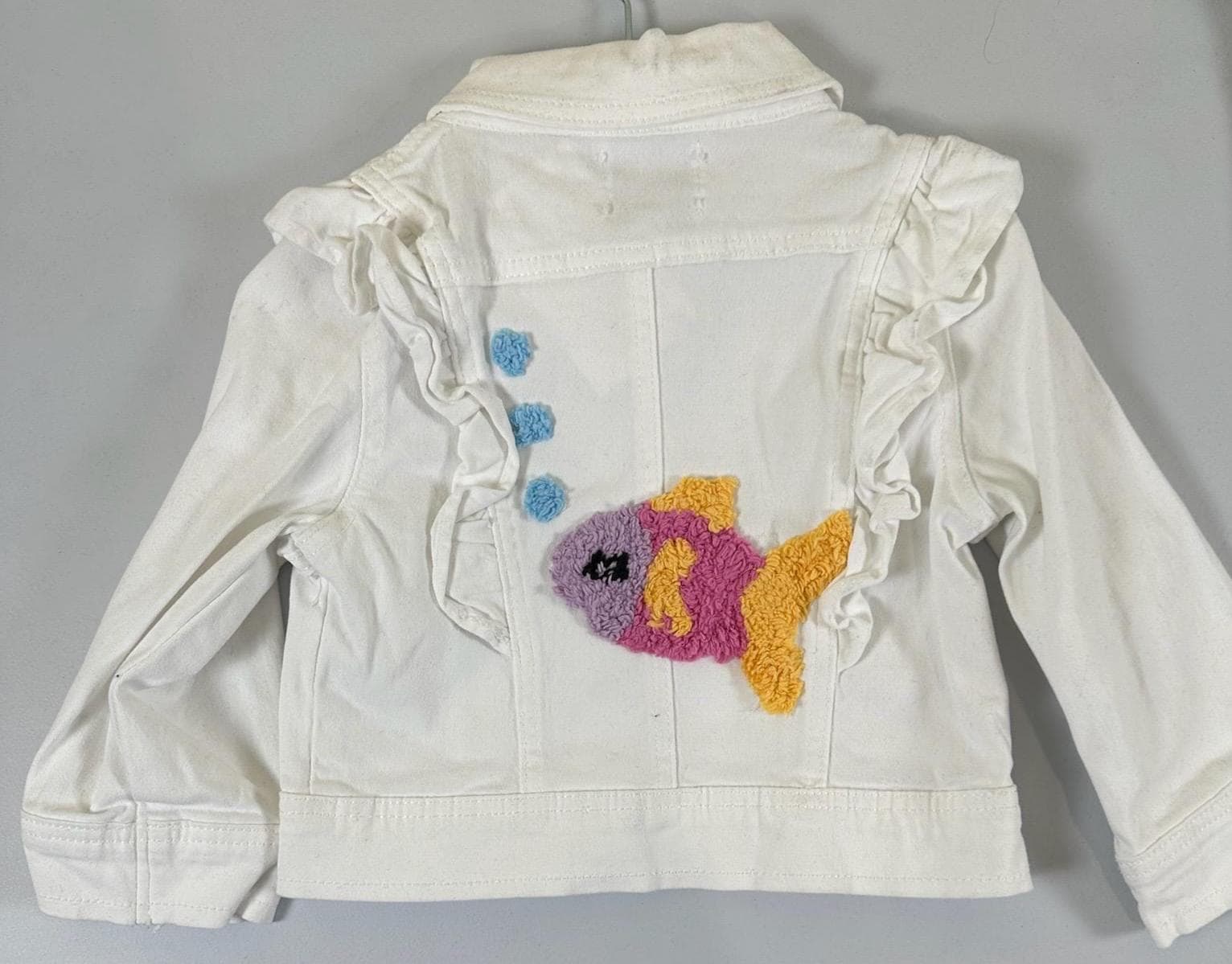 Toddler Girl White Ruffle Jacket – Chenille Fish Appliqué, Ocean Theme (Size 2T)