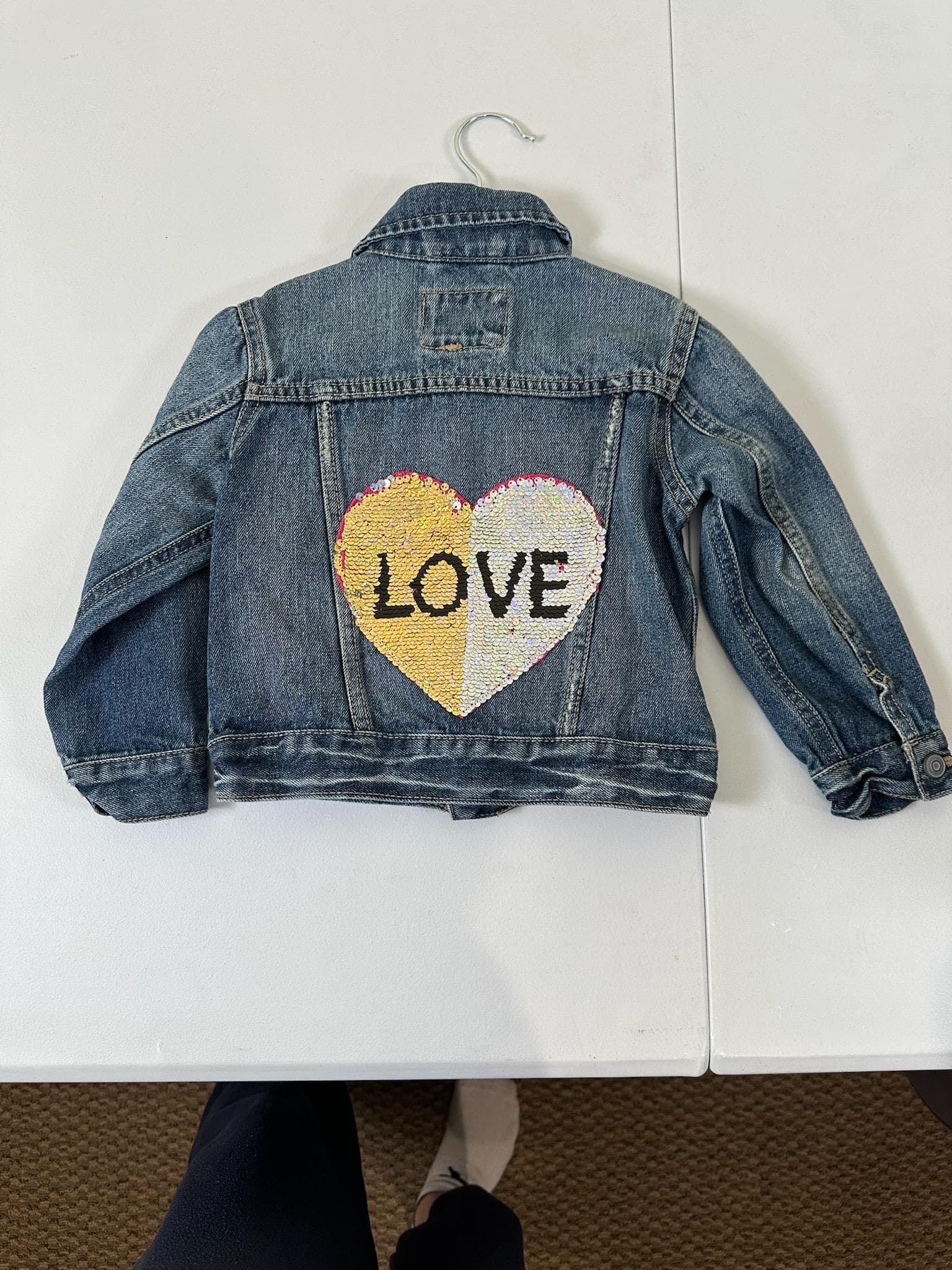 Upcycled Toddler Denim Jacket 2T – Sequin Heart Love | One of a Kind Kids Jean Jacket